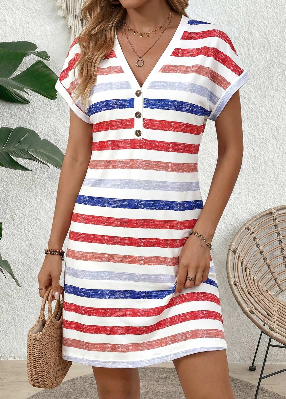 Multi Color Striped Short Tummy Coverage V Neck Dress | picture 