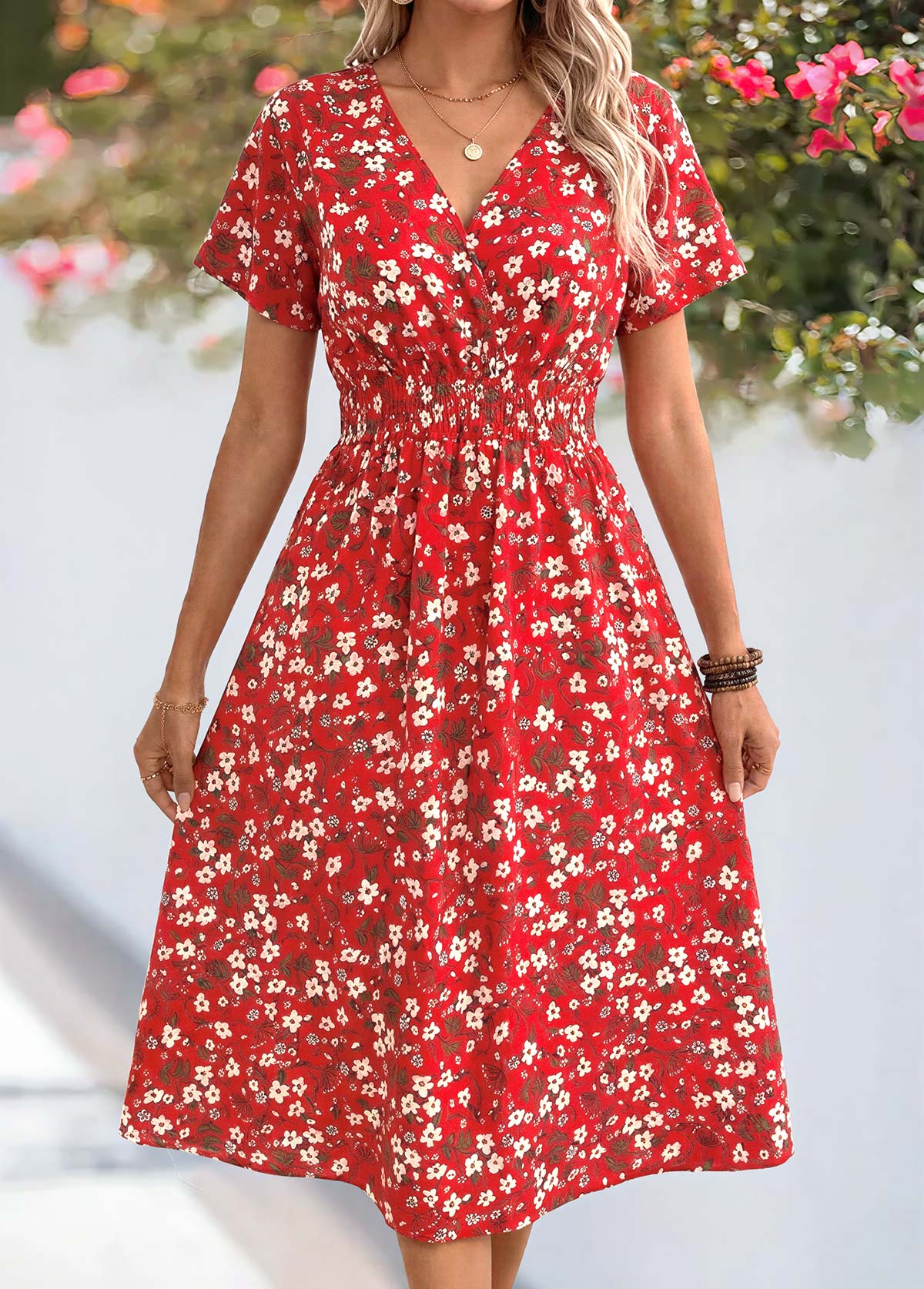 Red Ditsy Floral Print Smocked Short Sleeve Dress | picture 