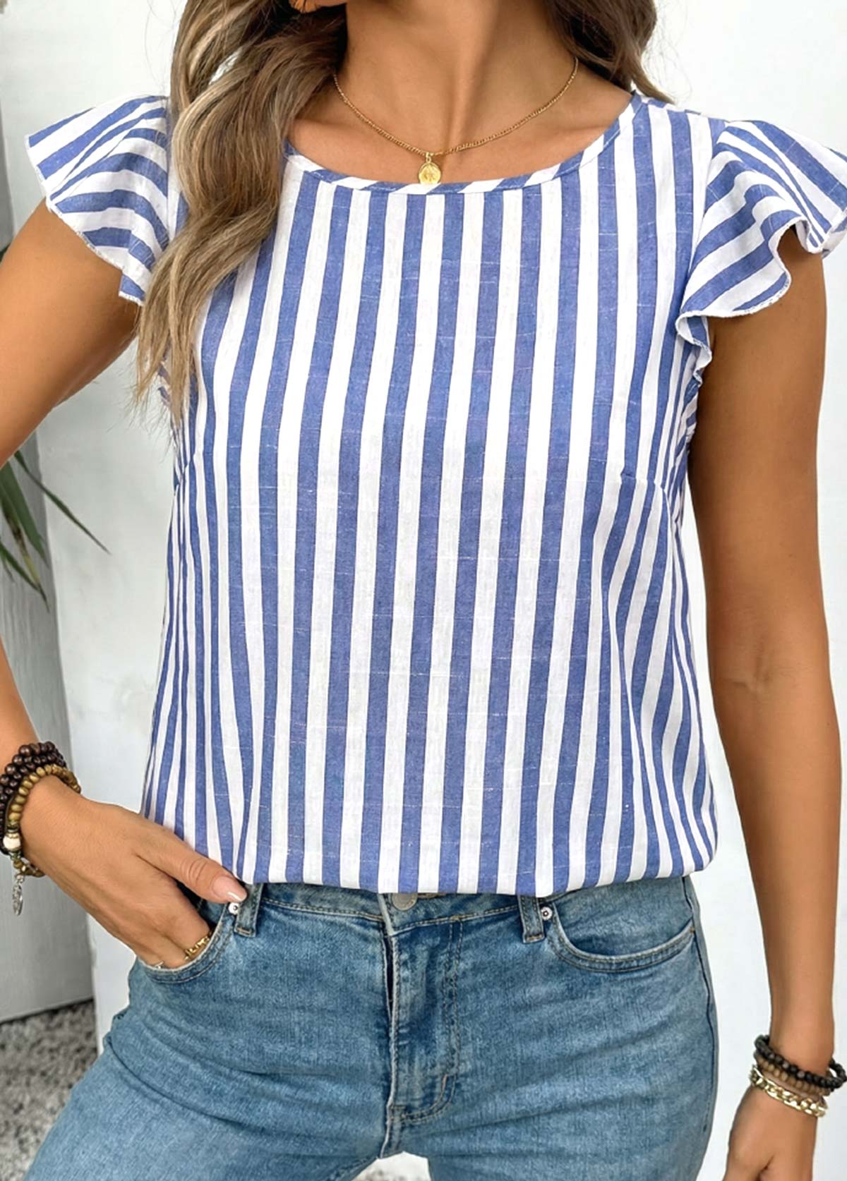 Blue Striped Tummy Coverage Short Sleeve Tank Top | picture 