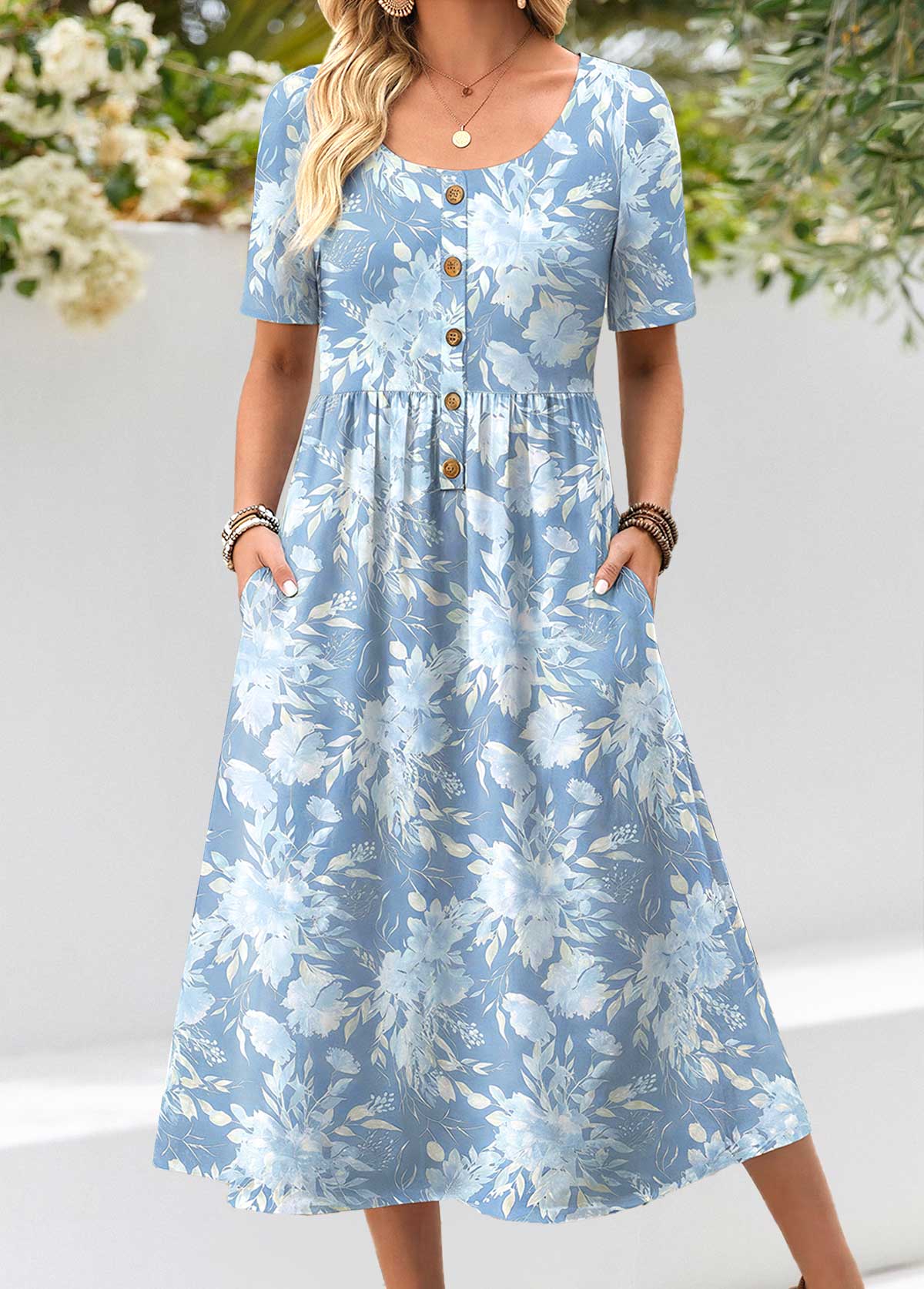 Light Blue Floral Print Shirred Short Sleeve Dress | picture 