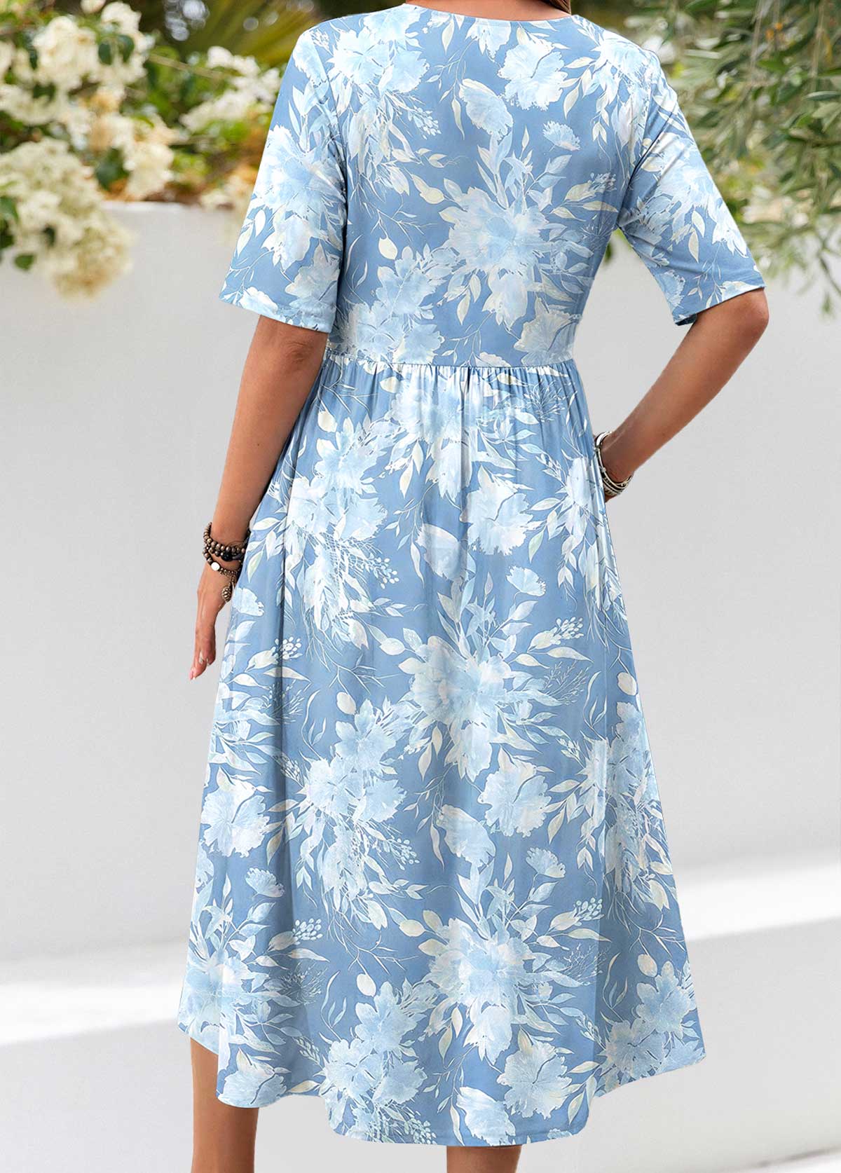 Light Blue Floral Print Shirred Short Sleeve Dress | picture 