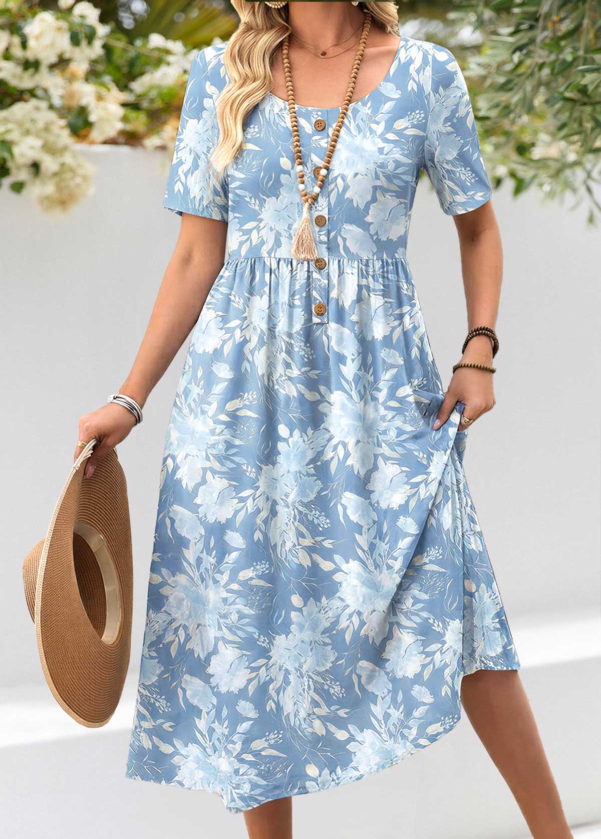 Light Blue Floral Print Shirred Short Sleeve Dress | picture 