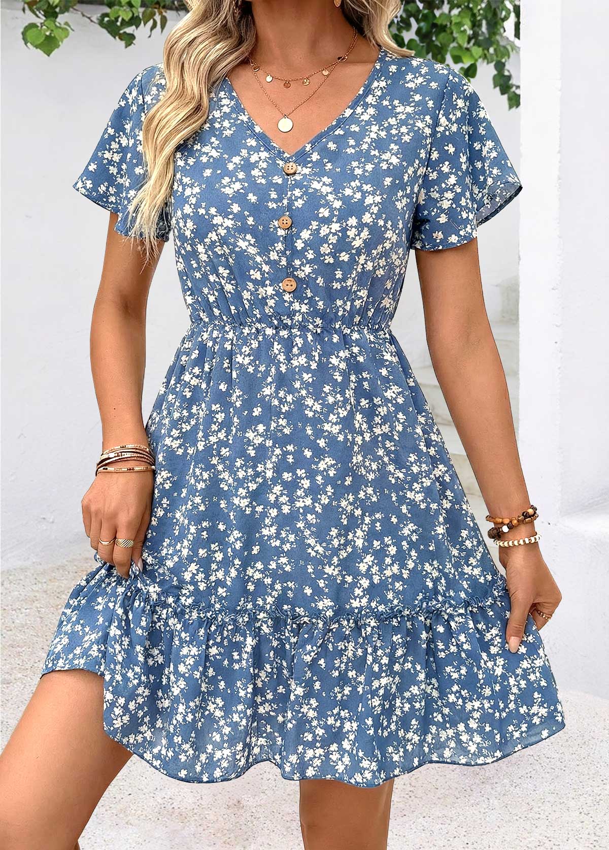 Dusty Blue Ditsy Floral Print Short Patchwork Dress | picture 