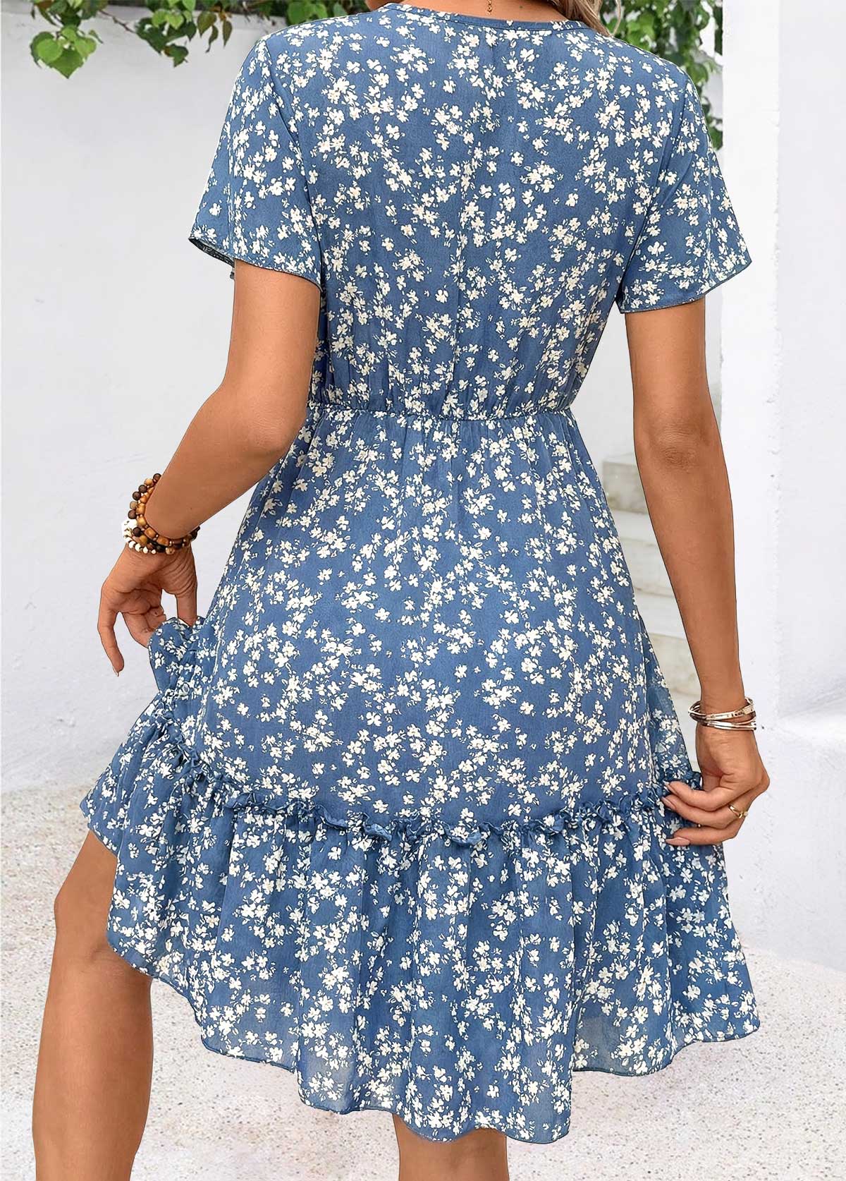 Dusty Blue Ditsy Floral Print Short Patchwork Dress | picture 