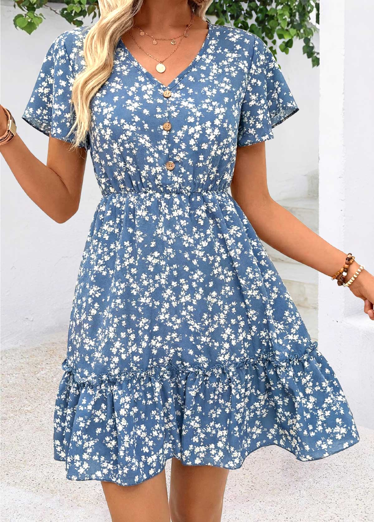 Dusty Blue Ditsy Floral Print Short Patchwork Dress | picture 