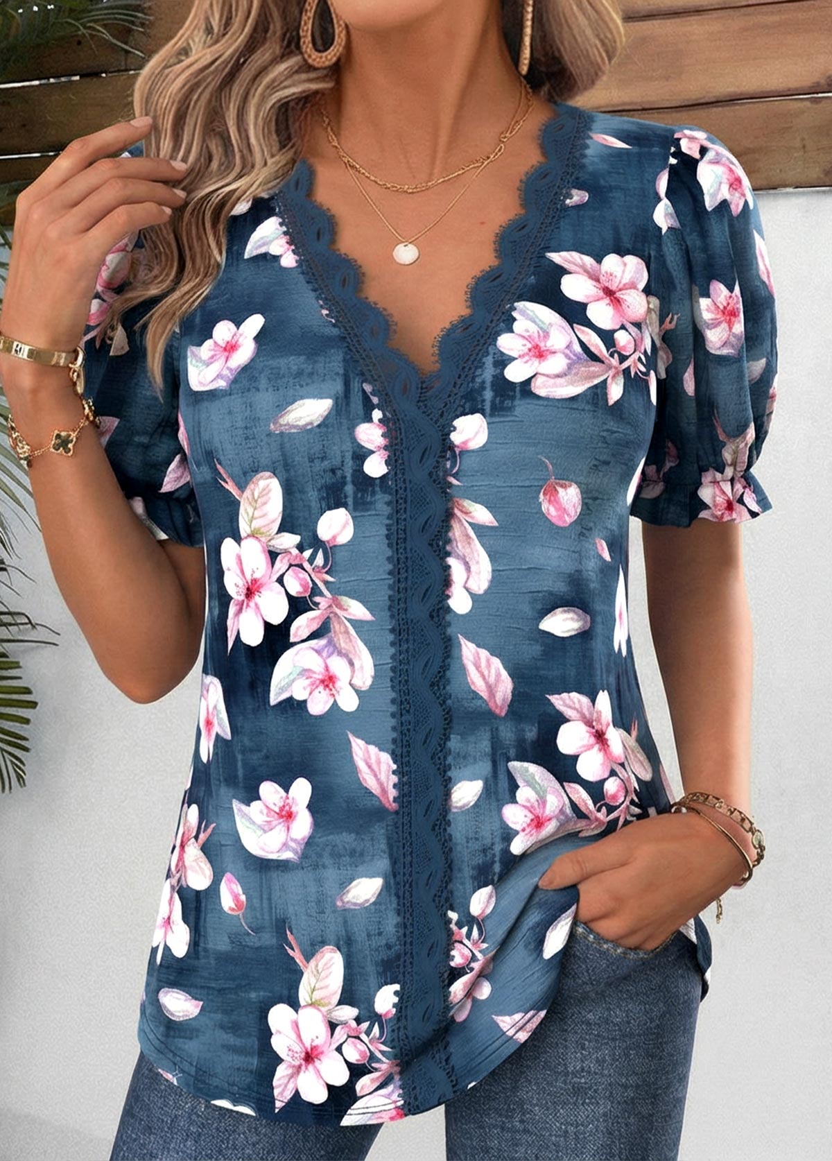 Peacock Blue Floral Print Lace Trim Short Sleeve Blouse | picture 