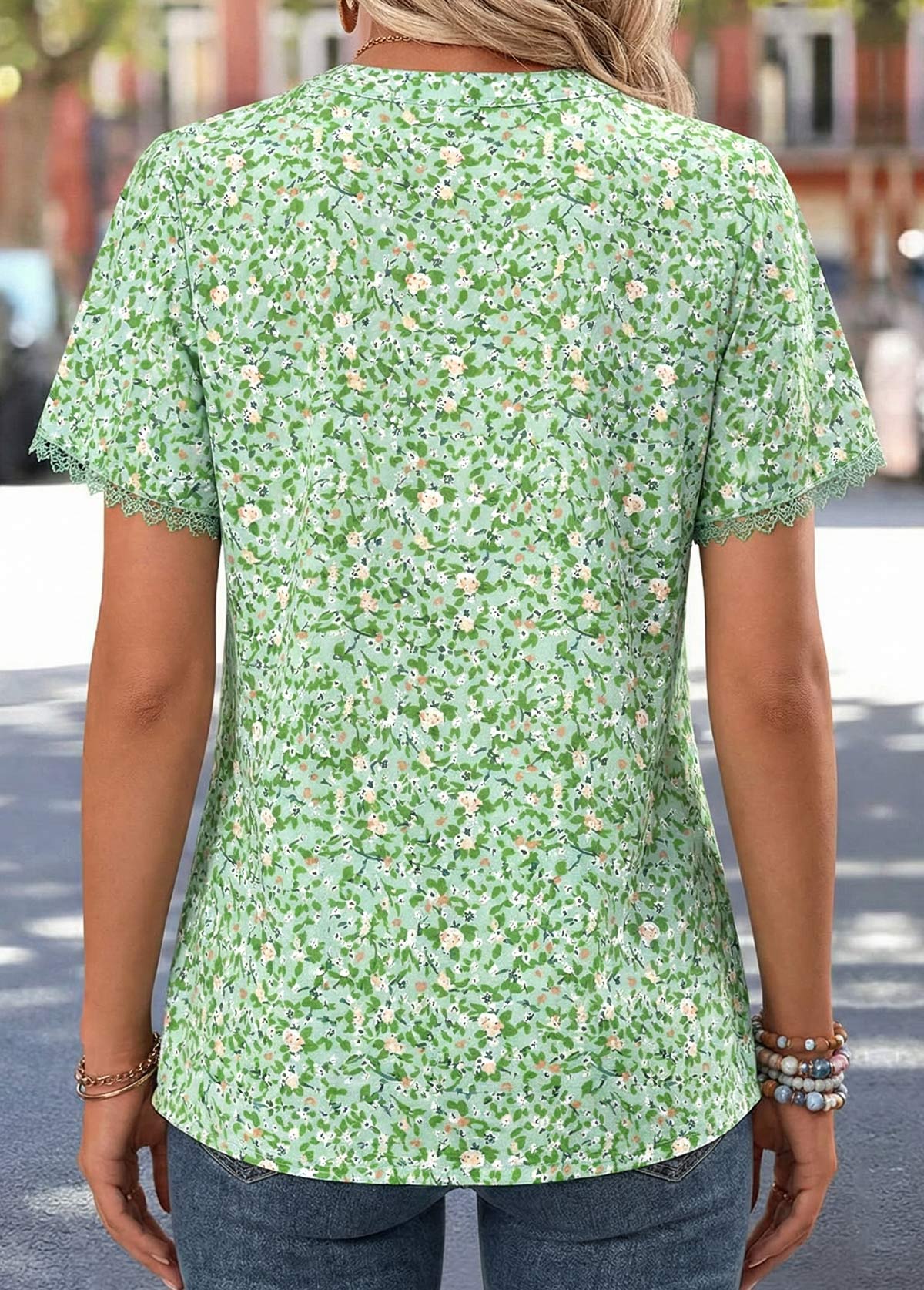 Light Green Ditsy Floral Print Lace Trim T Shirt | picture 