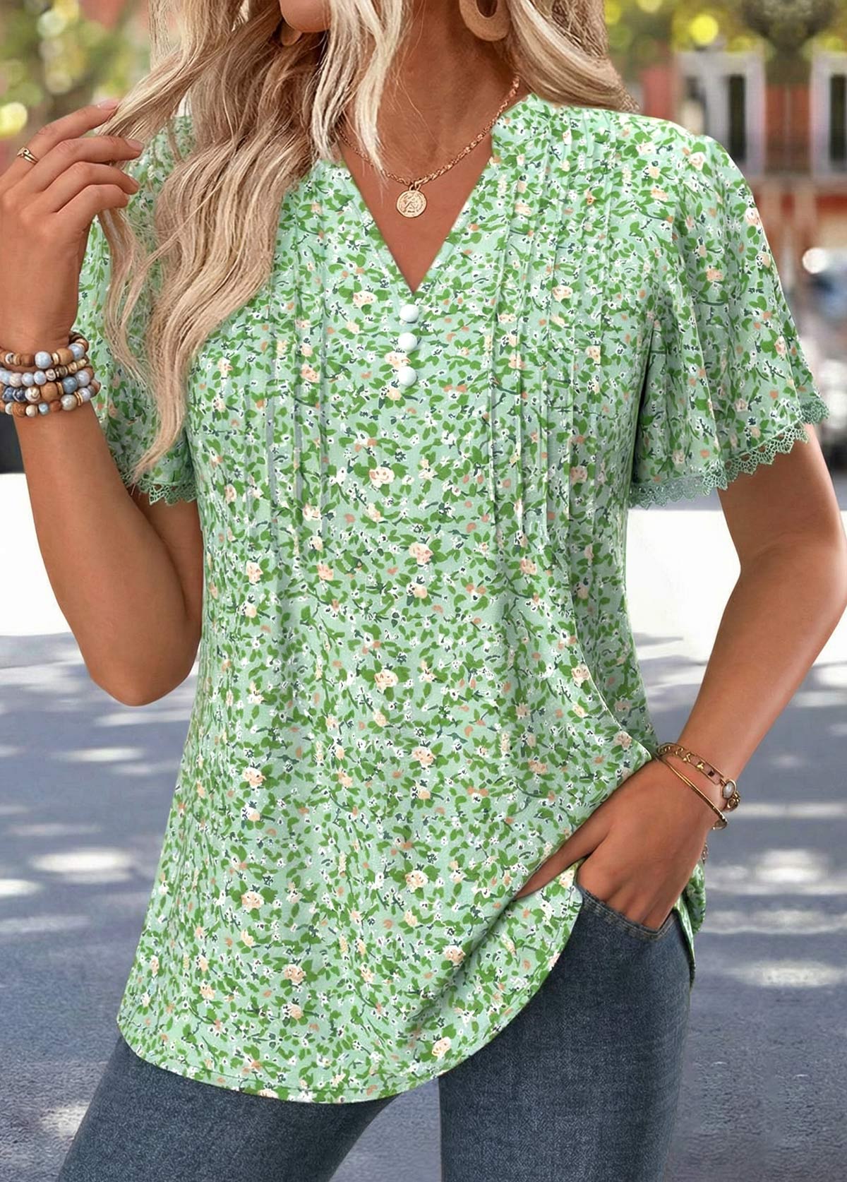 Light Green Ditsy Floral Print Lace Trim T Shirt | picture 