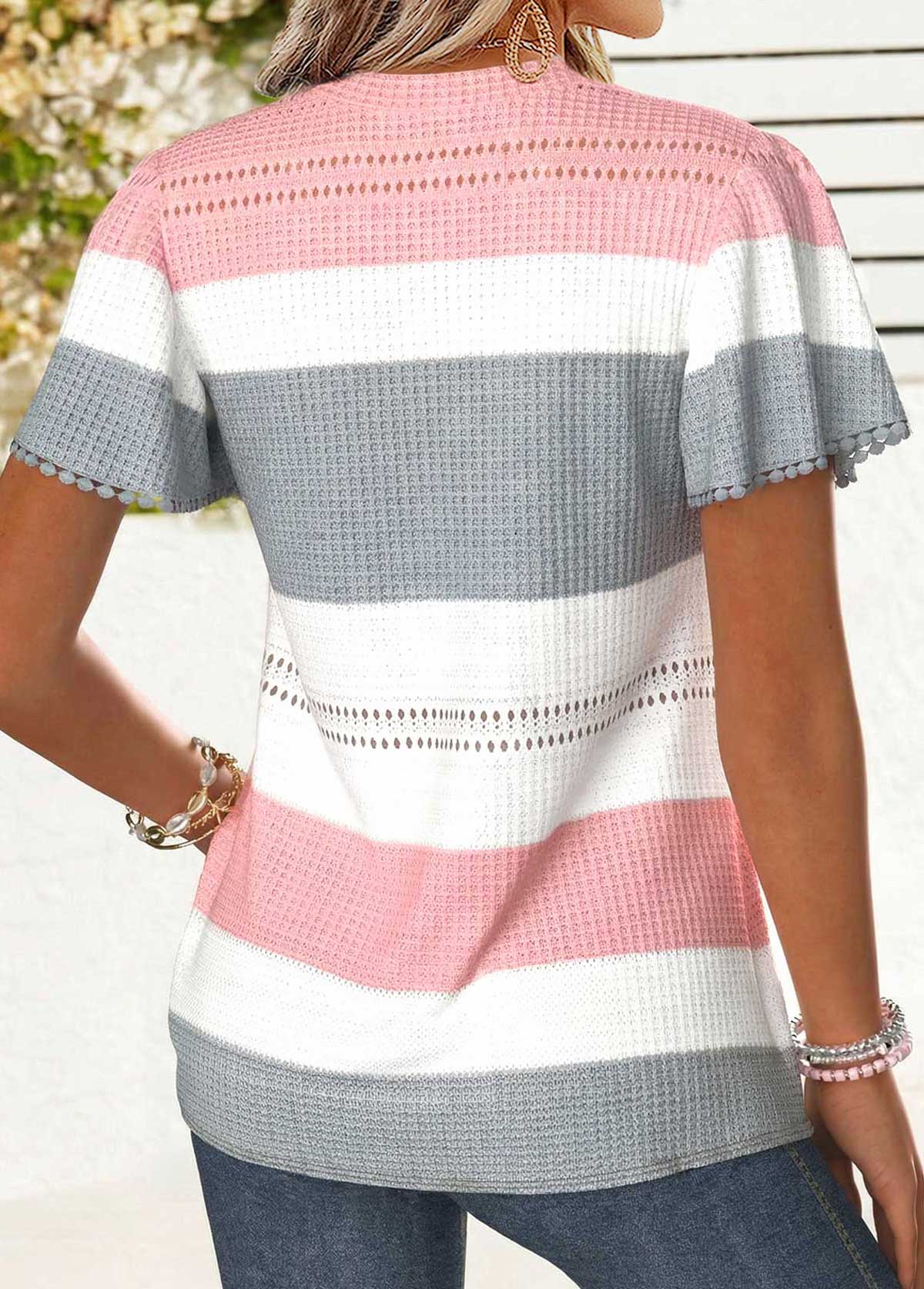 Multi Color Striped Curved Hem Short Sleeve T Shirt | picture 