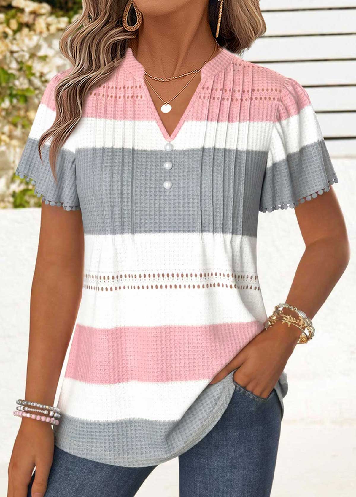 Multi Color Striped Curved Hem Short Sleeve T Shirt | picture 