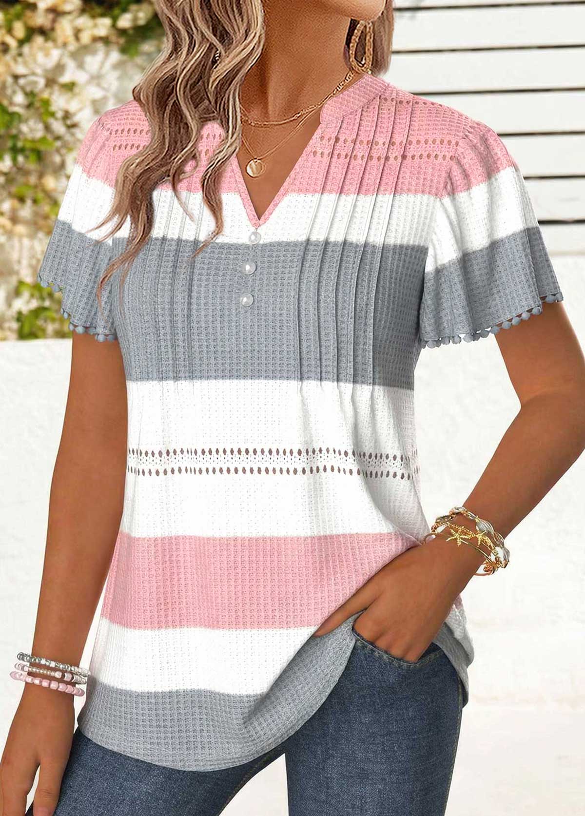 Multi Color Striped Curved Hem Short Sleeve T Shirt | picture 