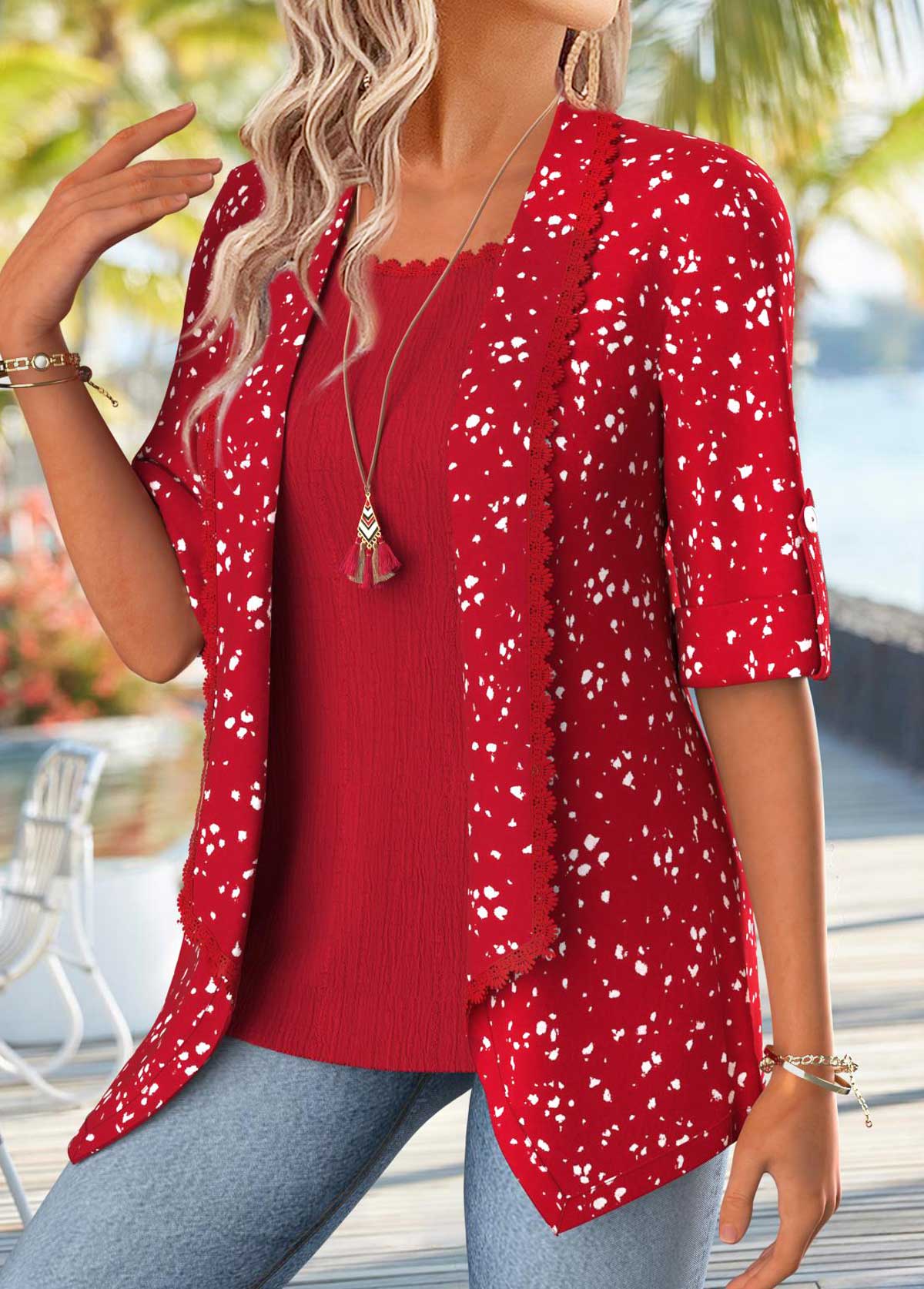 Red Geometric Print Half Sleeve Fake Two Piece Twinset | picture 