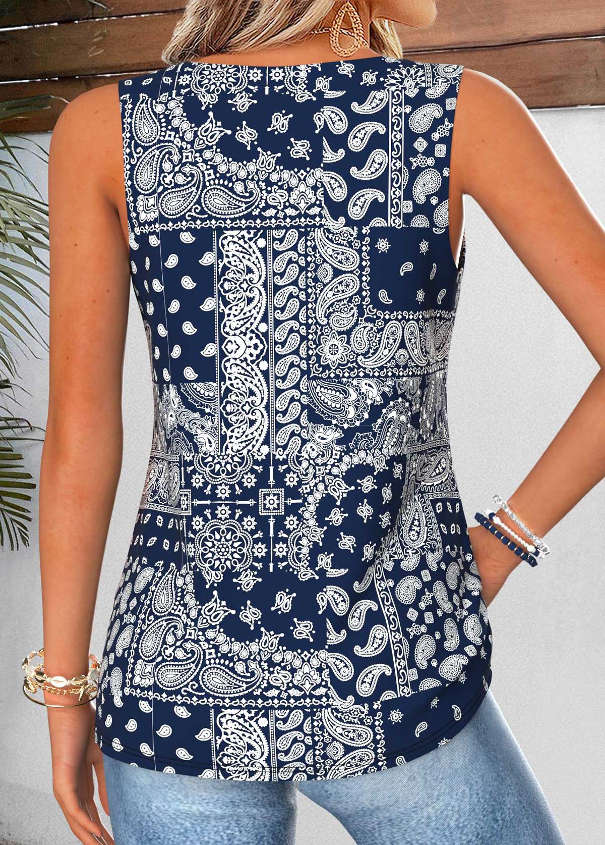 Navy Patchwork Curved Hem Sleeveless V Neck Tank Top | picture 