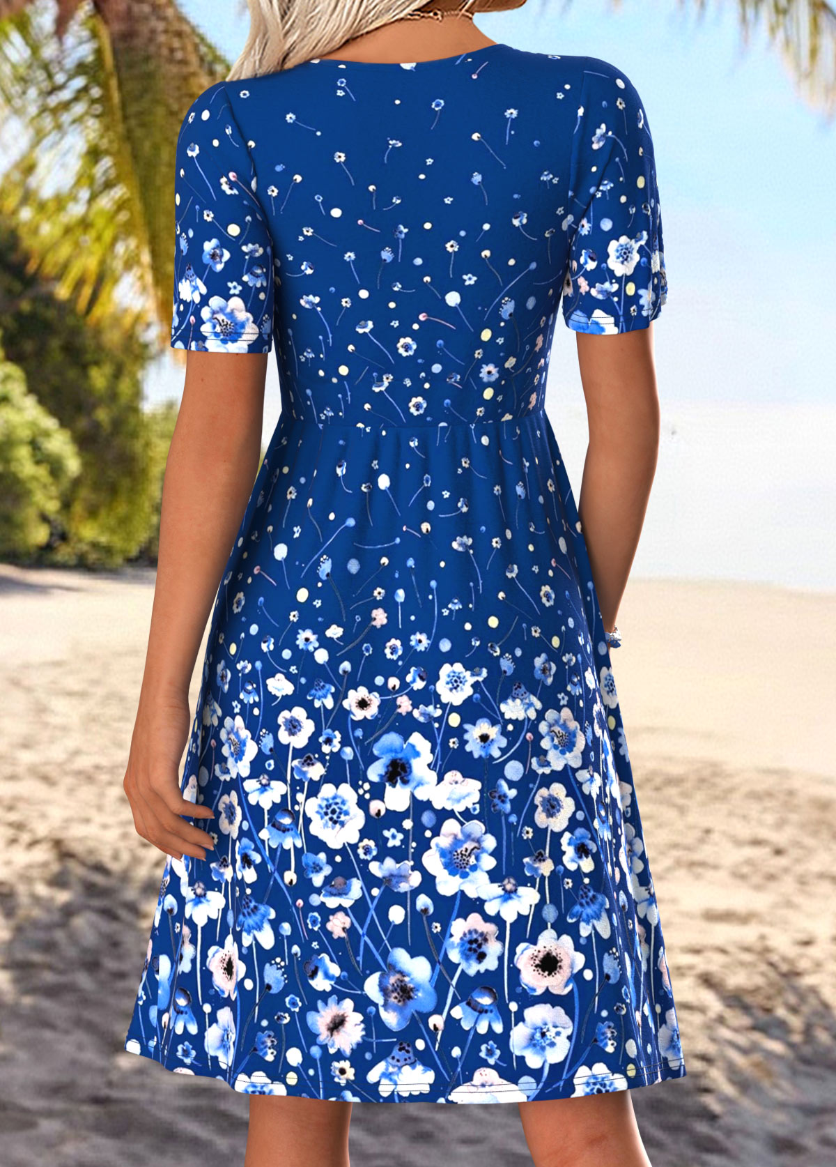 Blue Floral Print Tuck Stitch Short Sleeve Dress | picture 