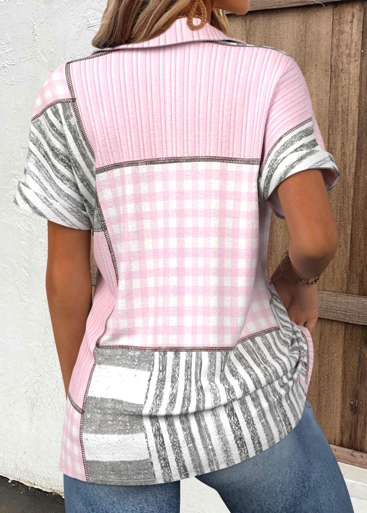 Light Pink Geometric Print Tummy Coverage Short Sleeve Shirt | picture 