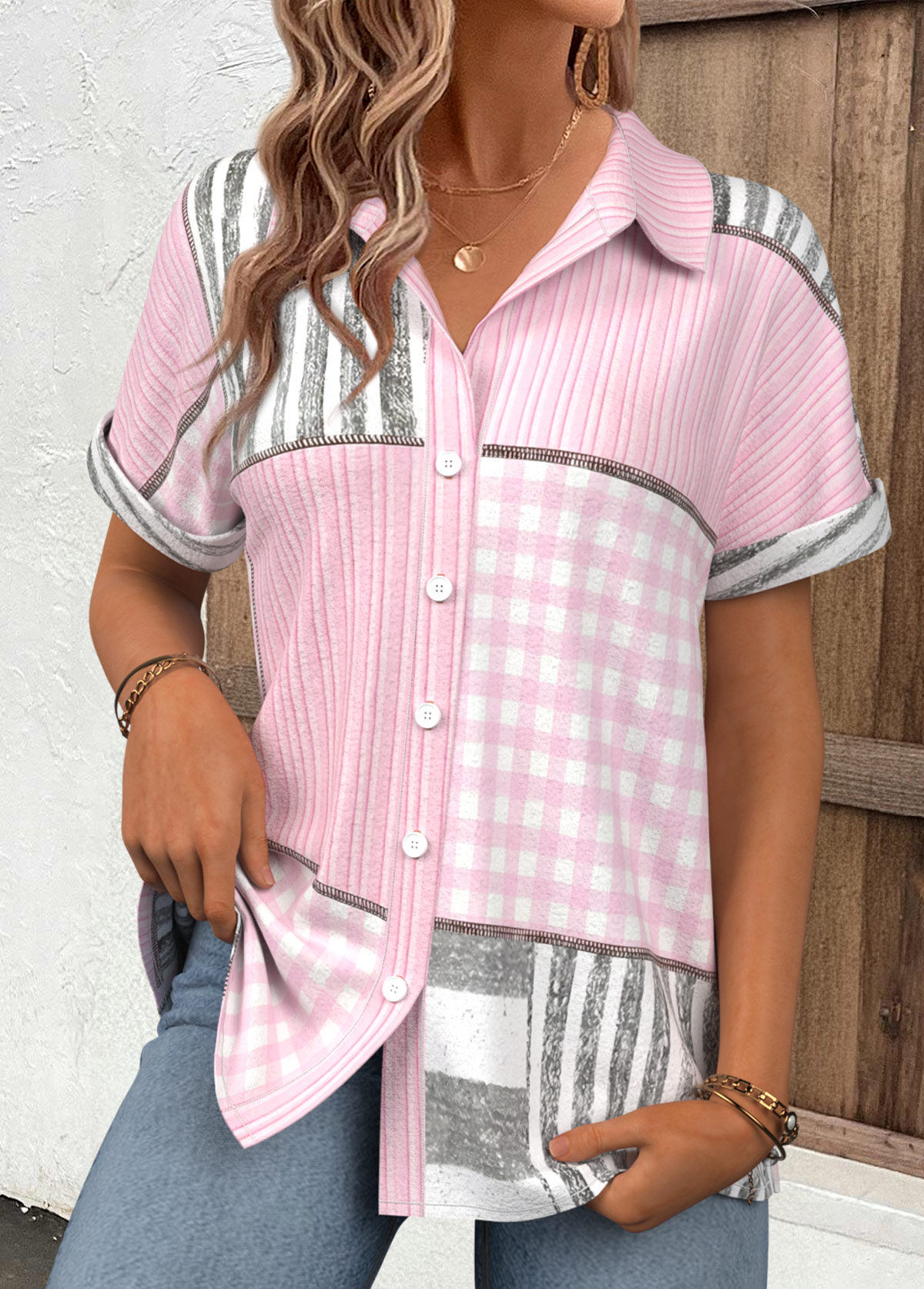 Light Pink Geometric Print Tummy Coverage Short Sleeve Shirt | picture 