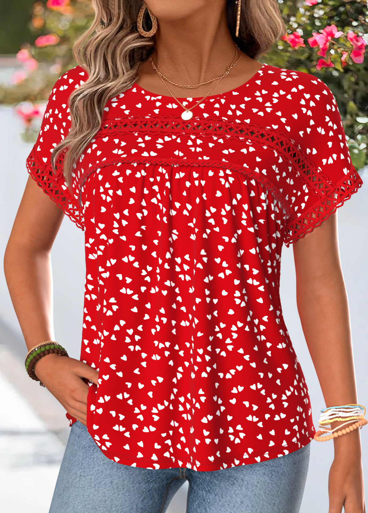 Red Heart Print Patchwork Short Sleeve T Shirt | picture 