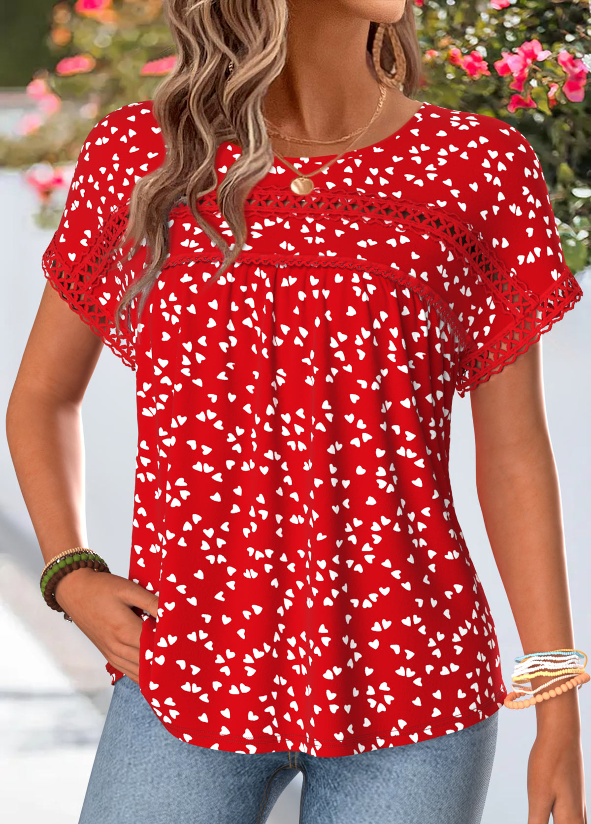 Red Heart Print Patchwork Short Sleeve T Shirt | picture 