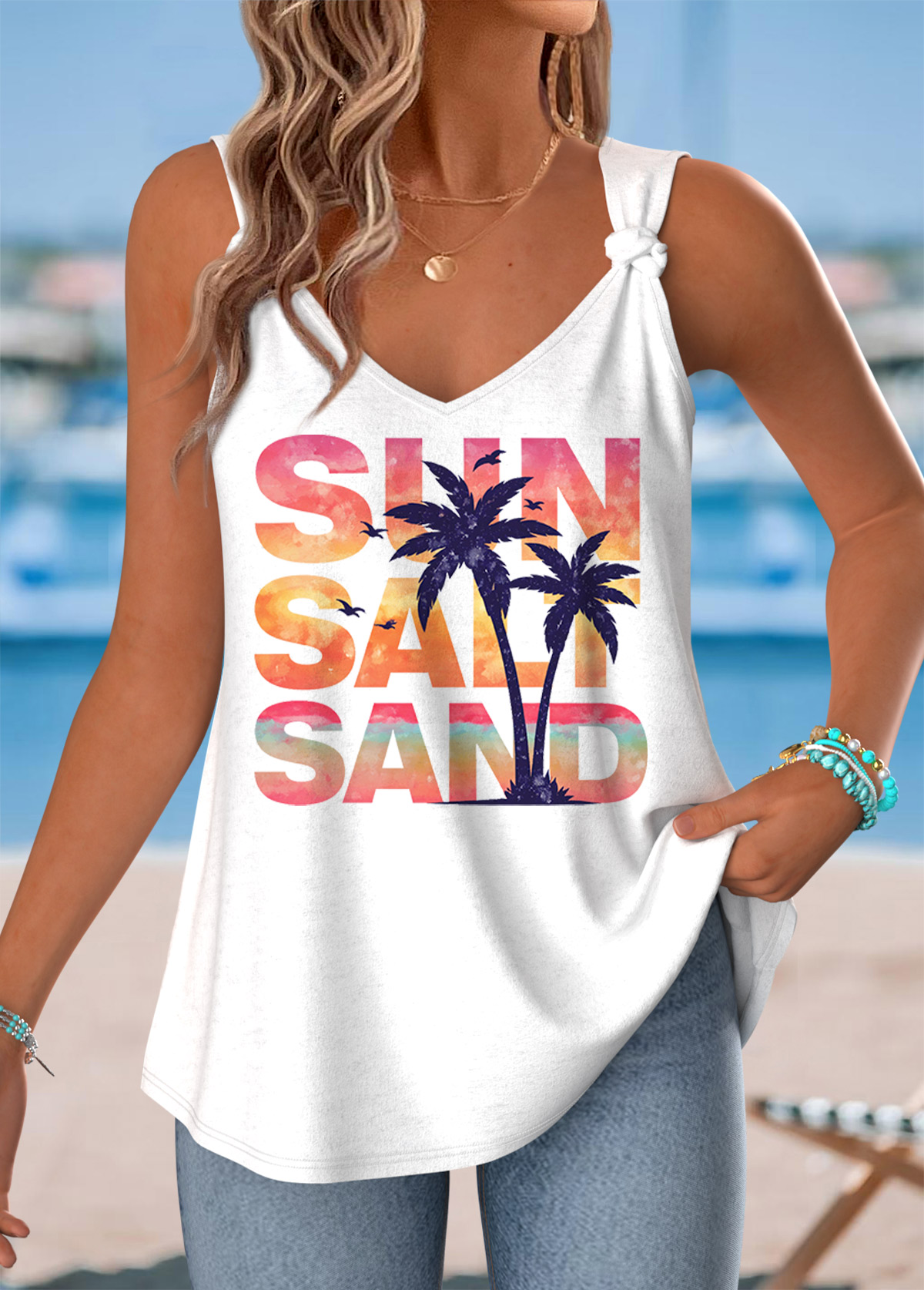 White Letter Print Tie Strappy V Neck Tank Top | picture 