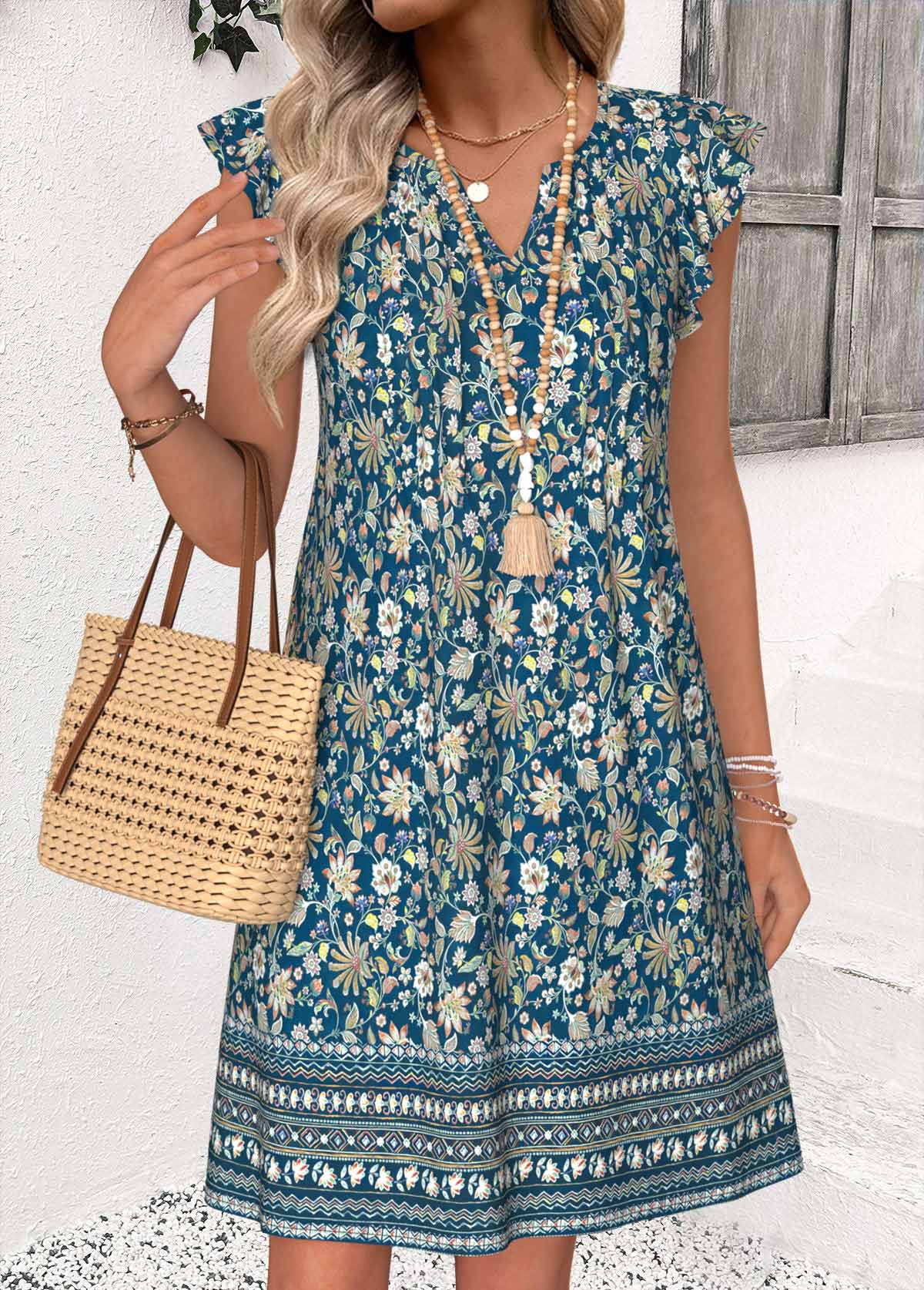 Multi Color Tribal Print Short Tuck Stitch Dress | picture 