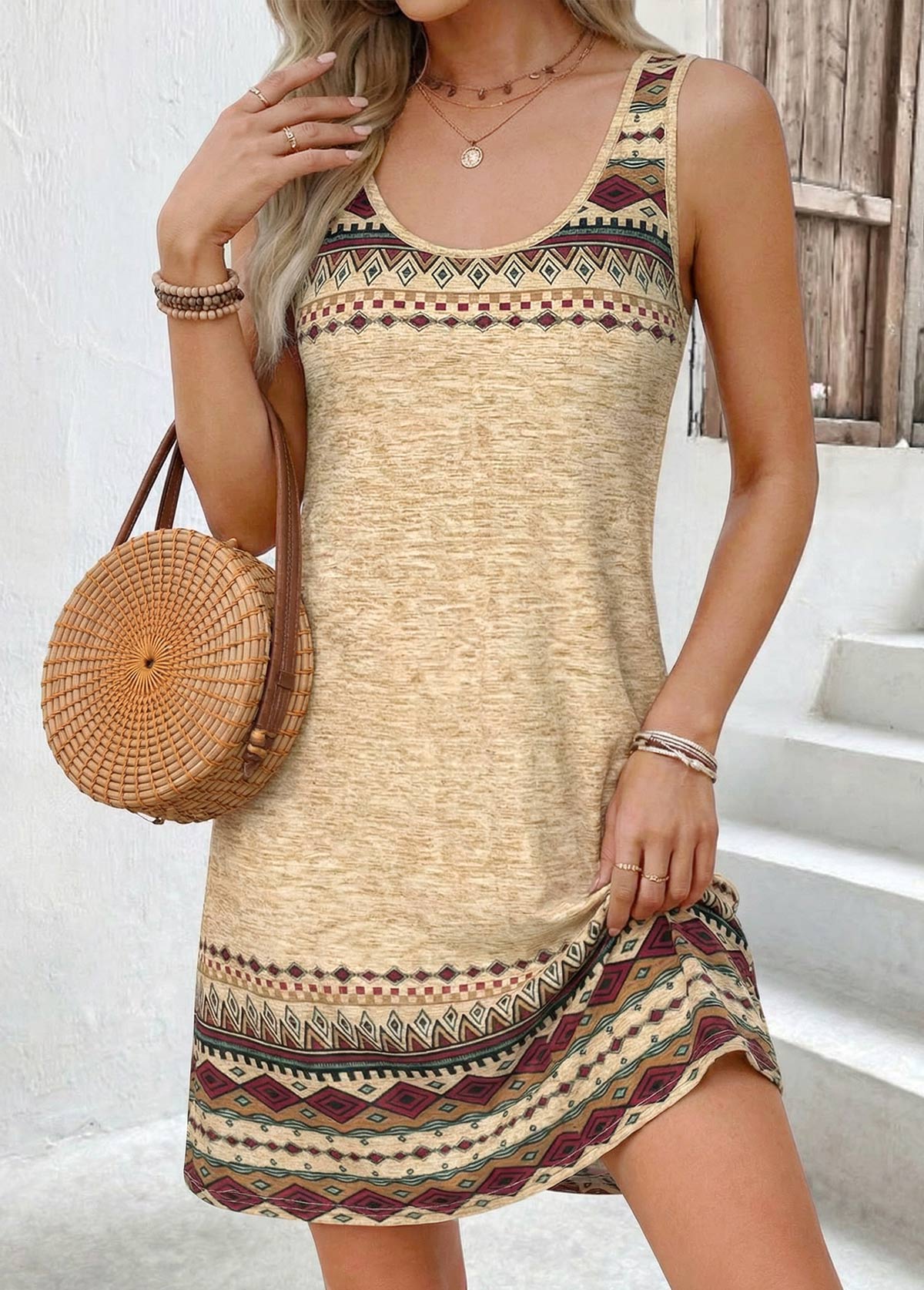 Light Camel Tribal Print Short Tummy Coverage Sleeveless Dress | picture 