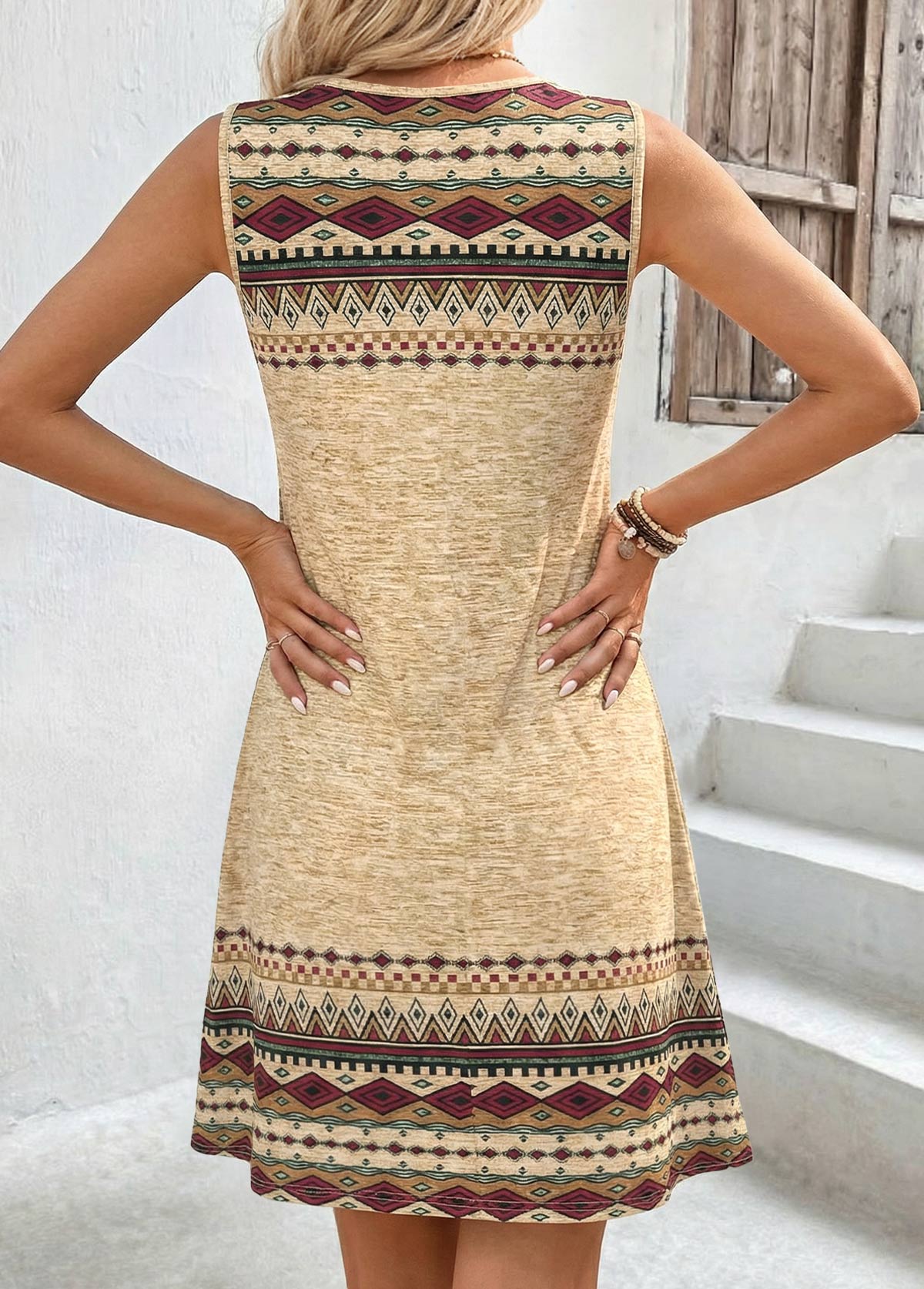 Light Camel Tribal Print Short Tummy Coverage Sleeveless Dress | picture 
