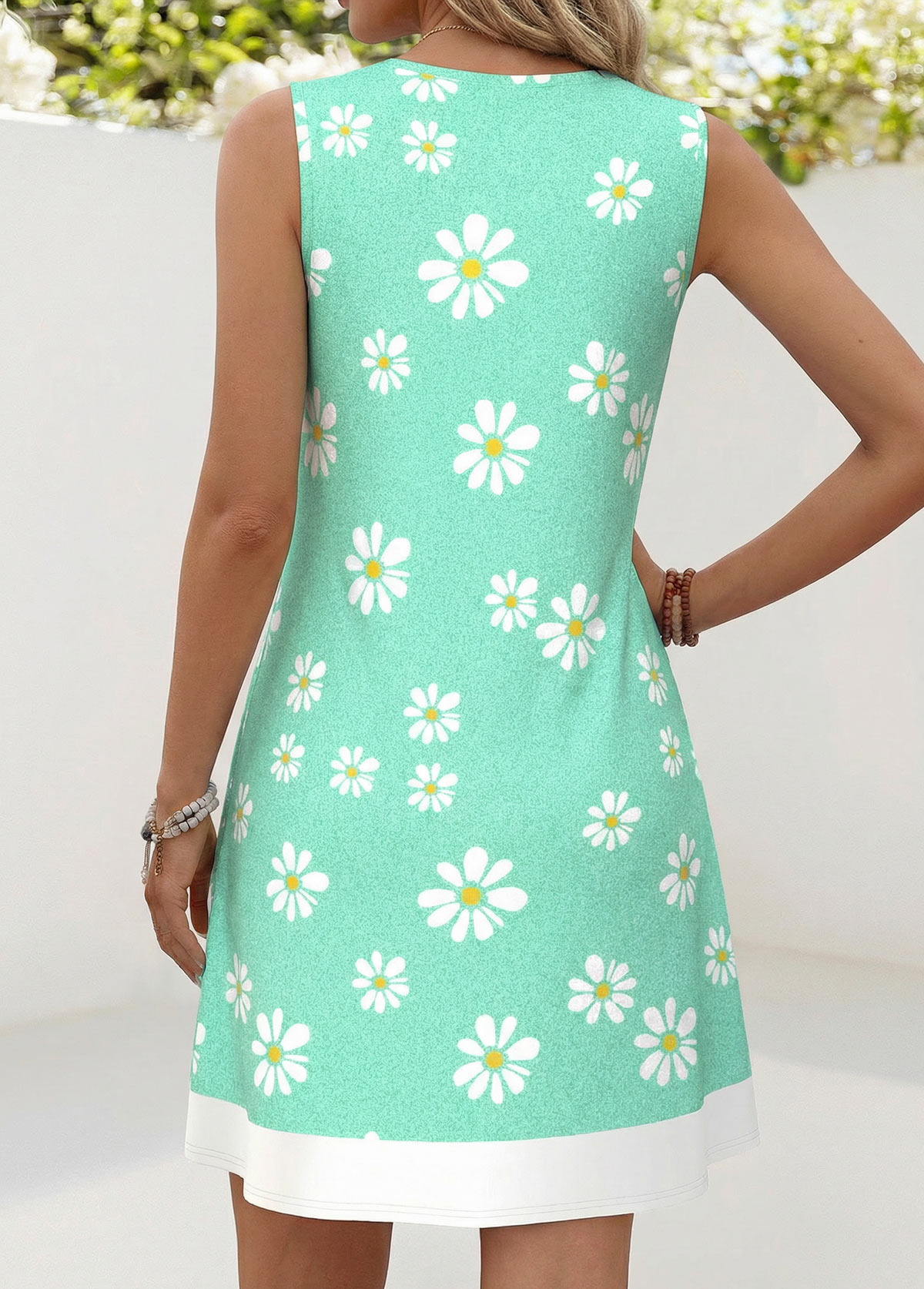 Mint Green Floral Print Short Patchwork Sleeveless Dress | picture 