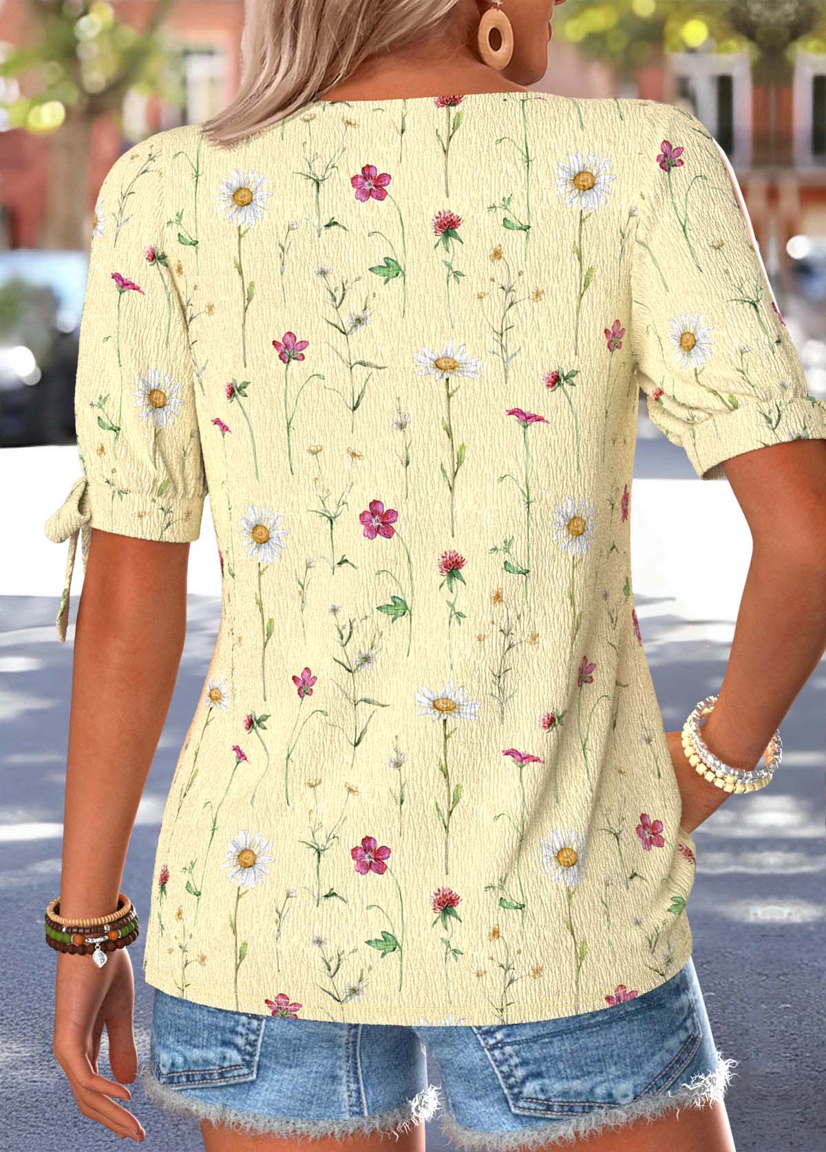 Light Yellow Floral Print Tie Short Sleeve T Shirt | picture 