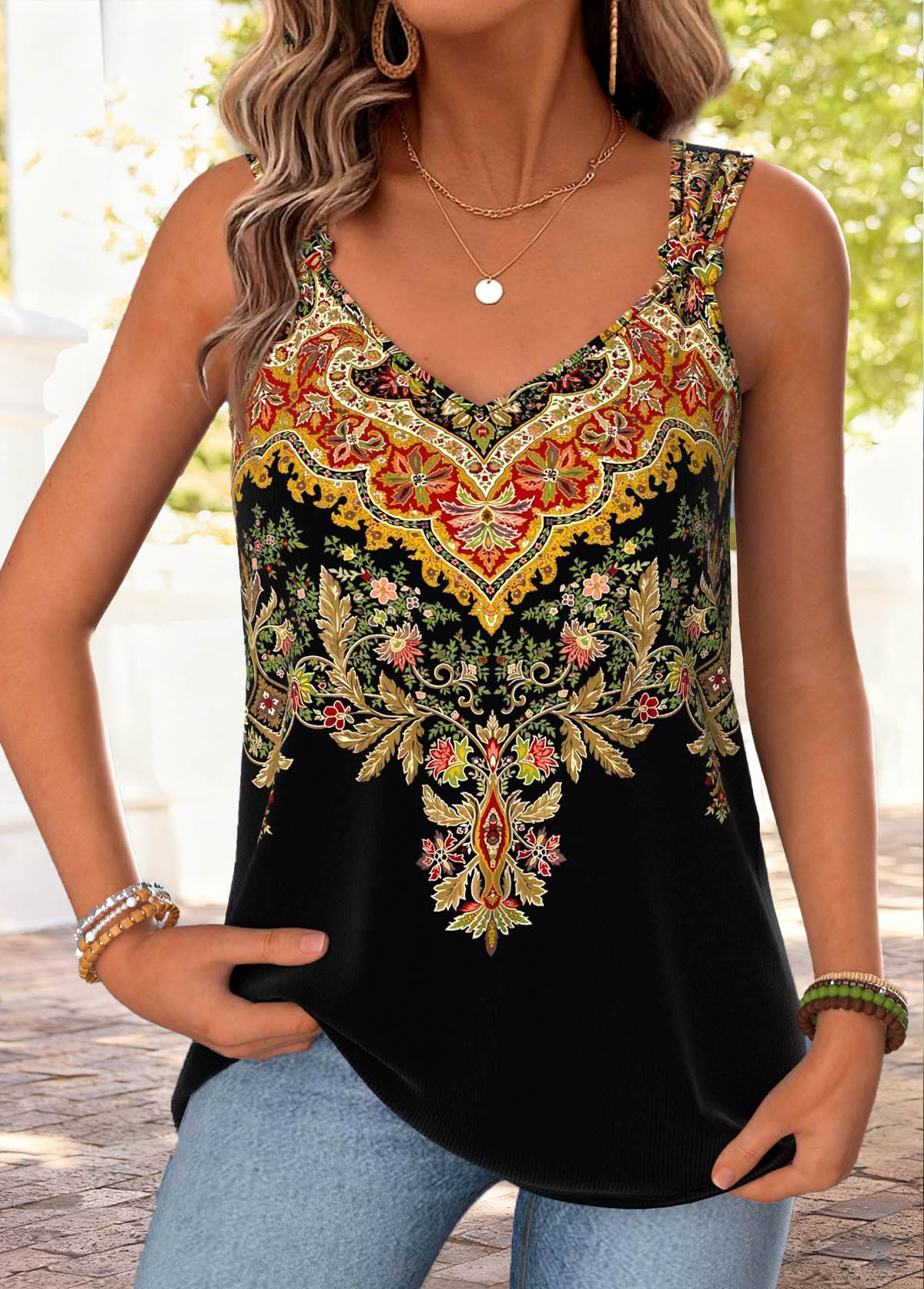 Black Tribal Print Tie Sleeveless V Neck Tank Top | picture 