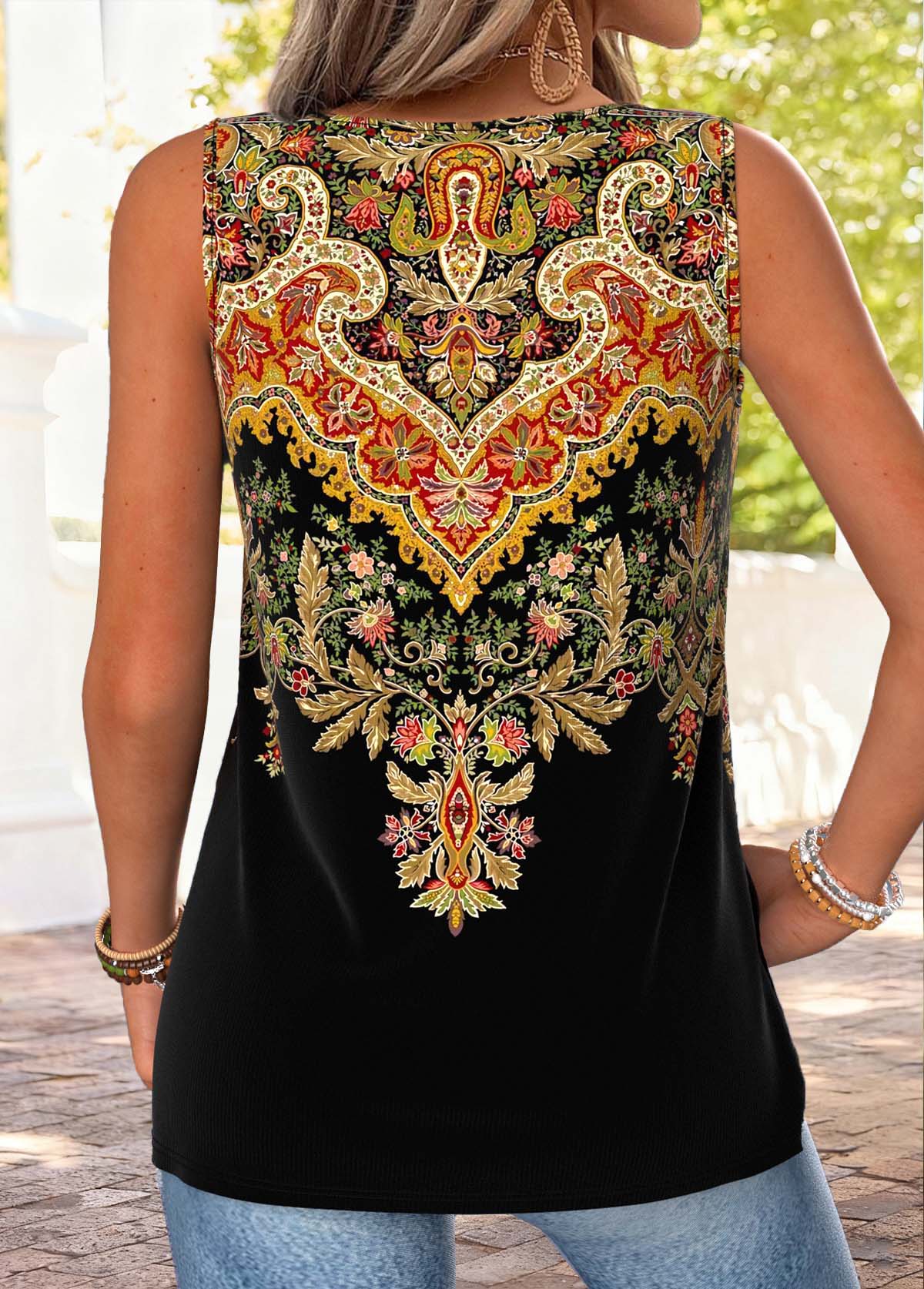 Black Tribal Print Tie Sleeveless V Neck Tank Top | picture 