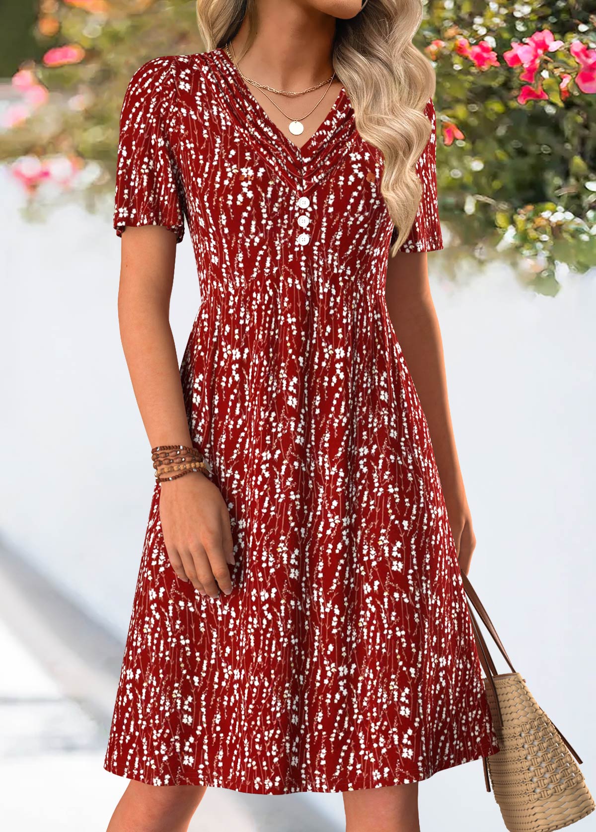Wine Red Ditsy Floral Print Tuck Stitch Dress | picture 