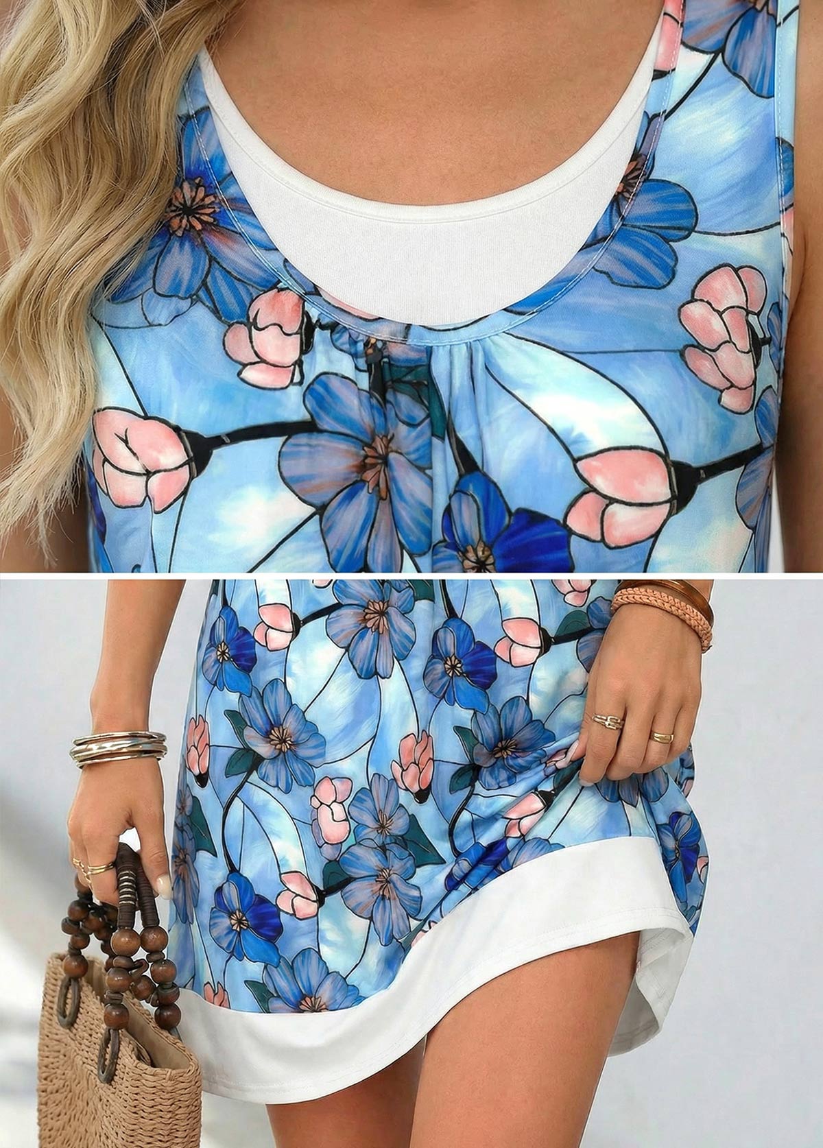 Blue Floral Print Short Shirred Sleeveless Round Neck Dress | picture 