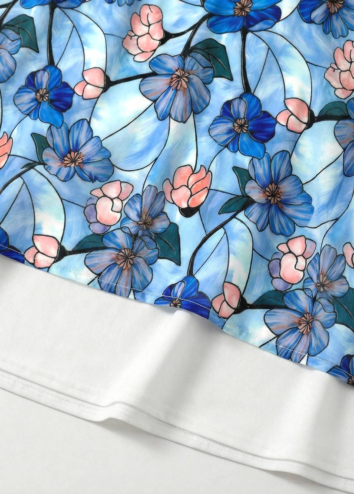 Blue Floral Print Short Shirred Sleeveless Round Neck Dress | picture 