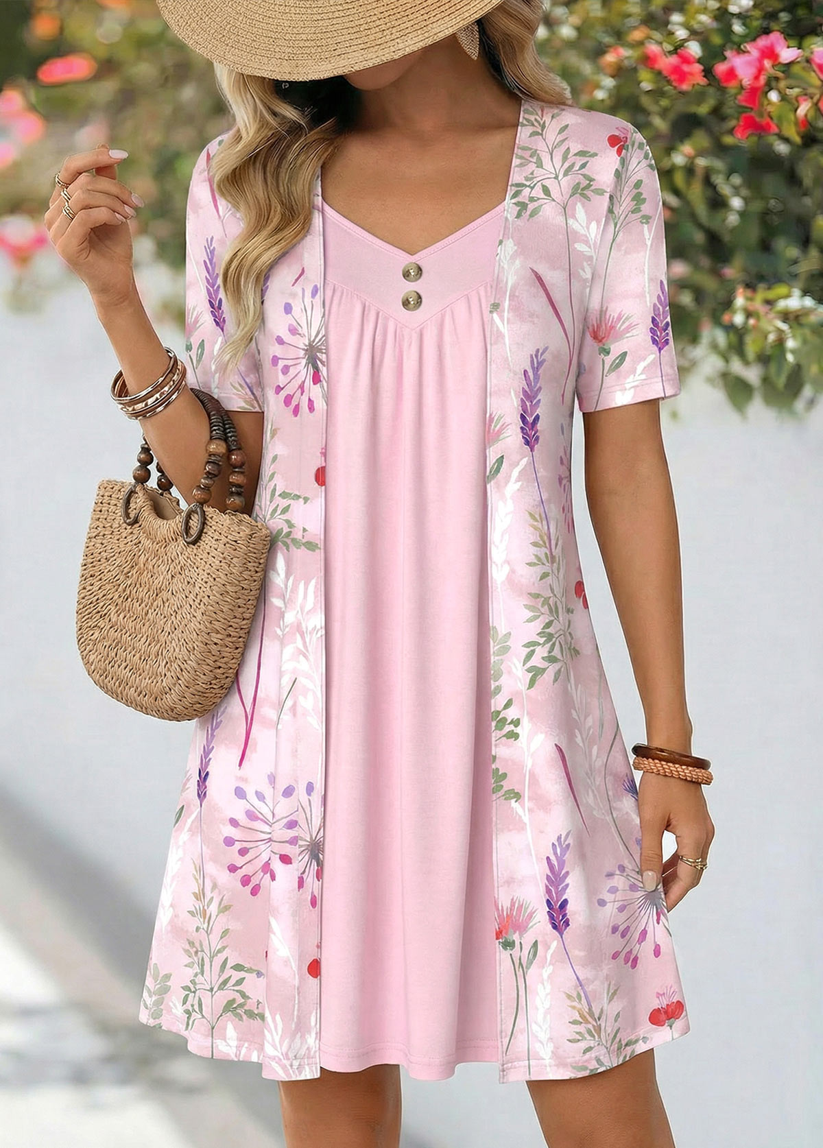 Pink Floral Print Fake 2in1 Short Sleeve Dress | picture 
