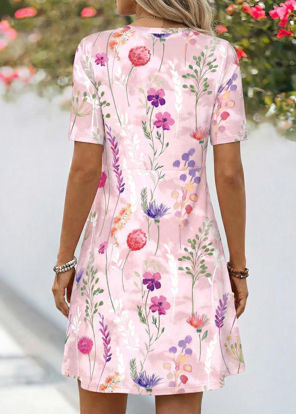 Pink Floral Print Fake 2in1 Short Sleeve Dress | picture 