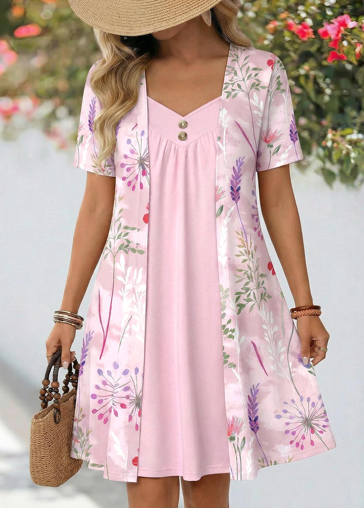 Pink Floral Print Fake 2in1 Short Sleeve Dress | picture 