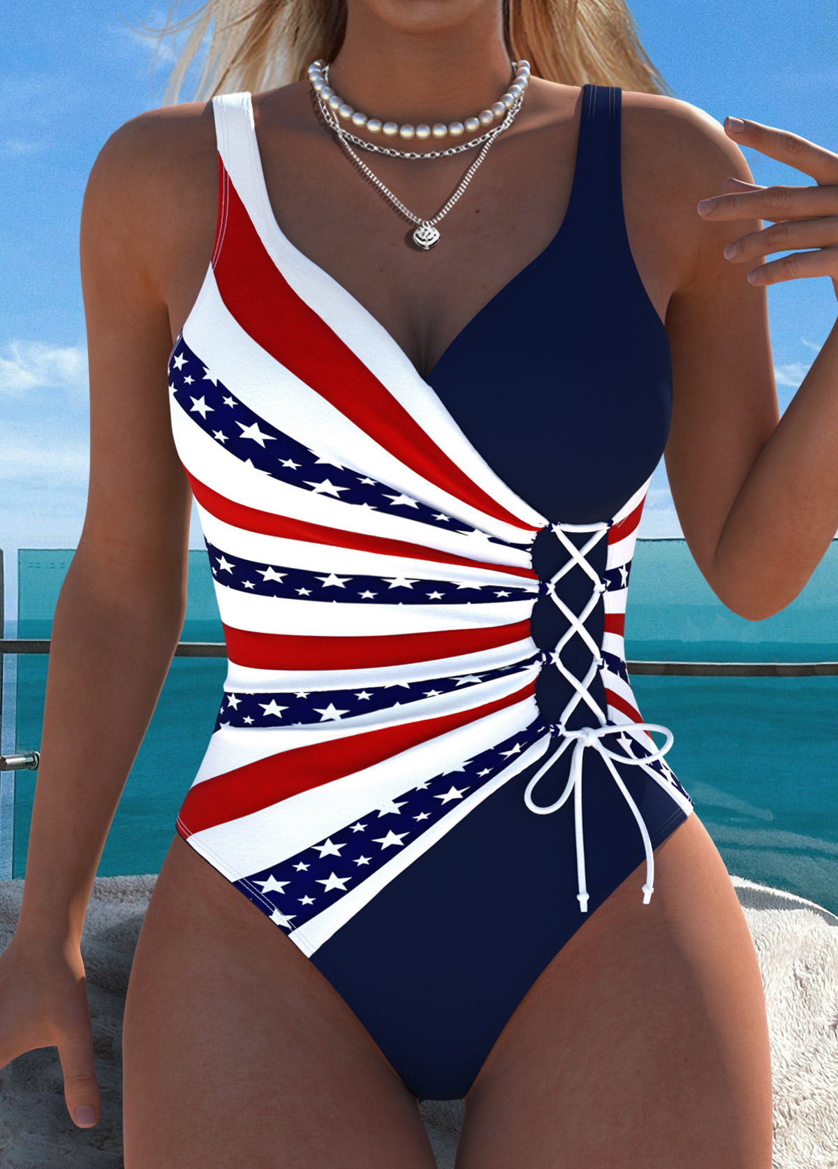 American Flag Navy Patchwork One Piece Swimwear | picture 