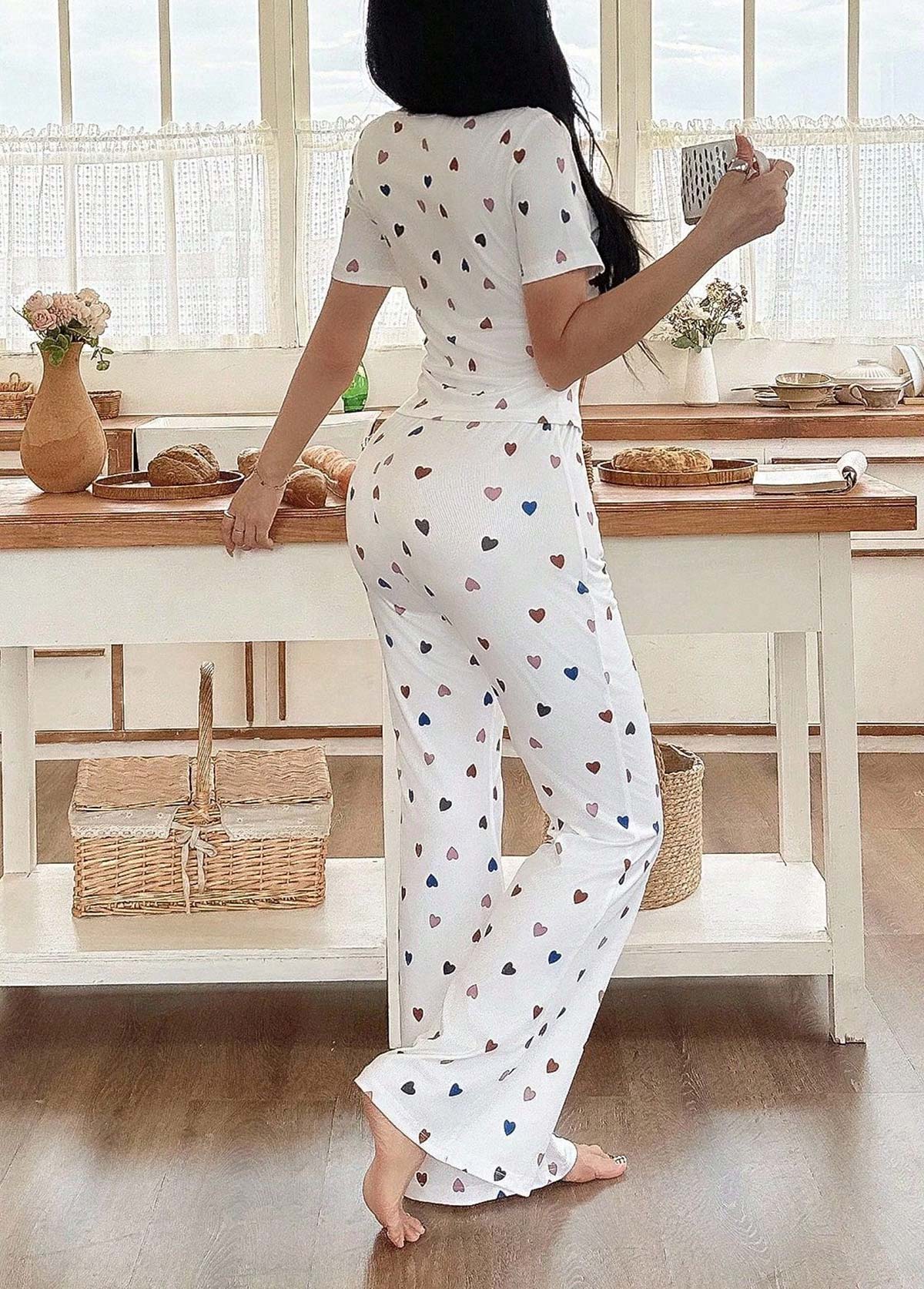 White Heart Print Short Sleeve Lounge Top and Pants | picture 