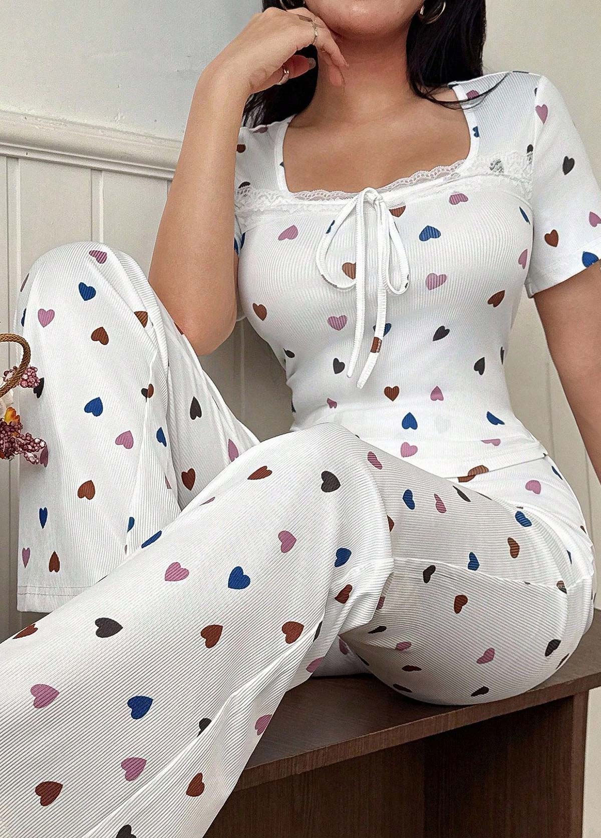 White Heart Print Short Sleeve Lounge Top and Pants | picture 