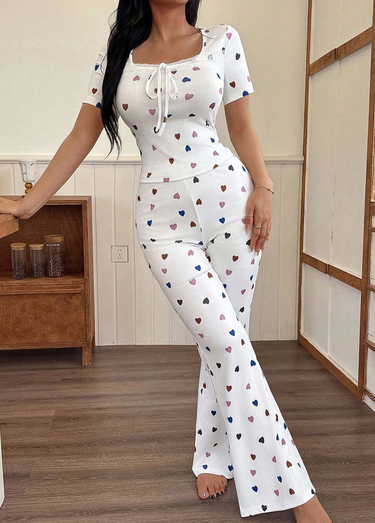 White Heart Print Short Sleeve Lounge Top and Pants | picture 