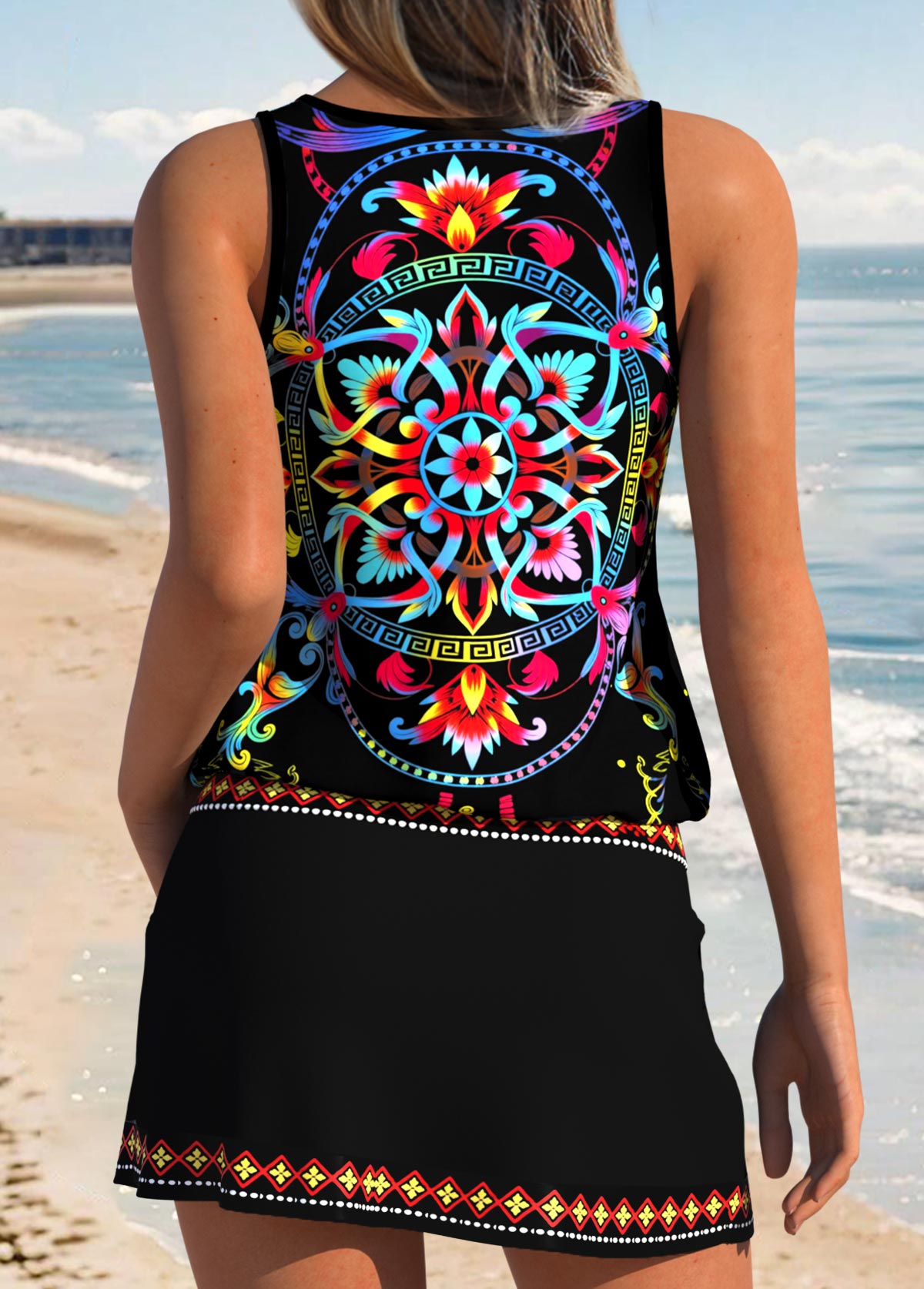 Black Mid Waisted Two-piece Tribal Print Tankini Set | picture 
