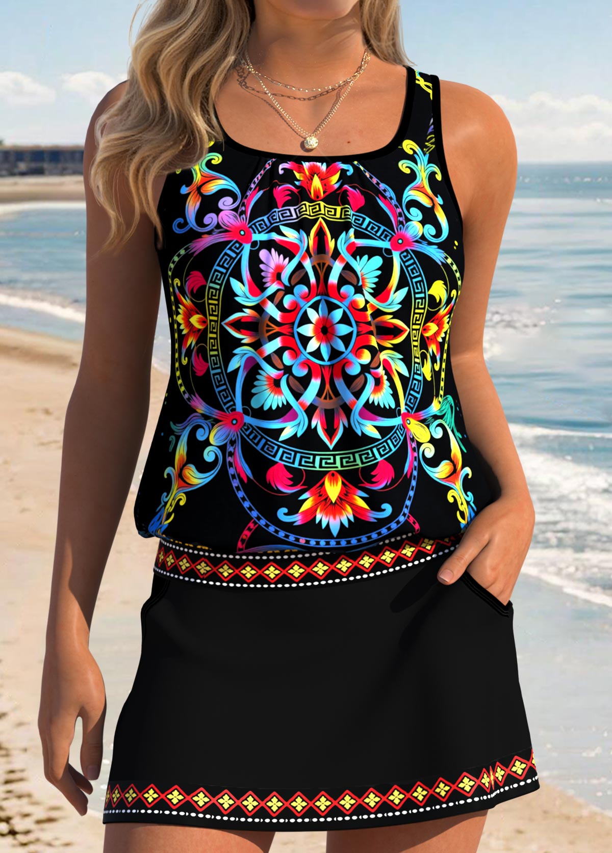 Black Mid Waisted Two-piece Tribal Print Tankini Set | picture 