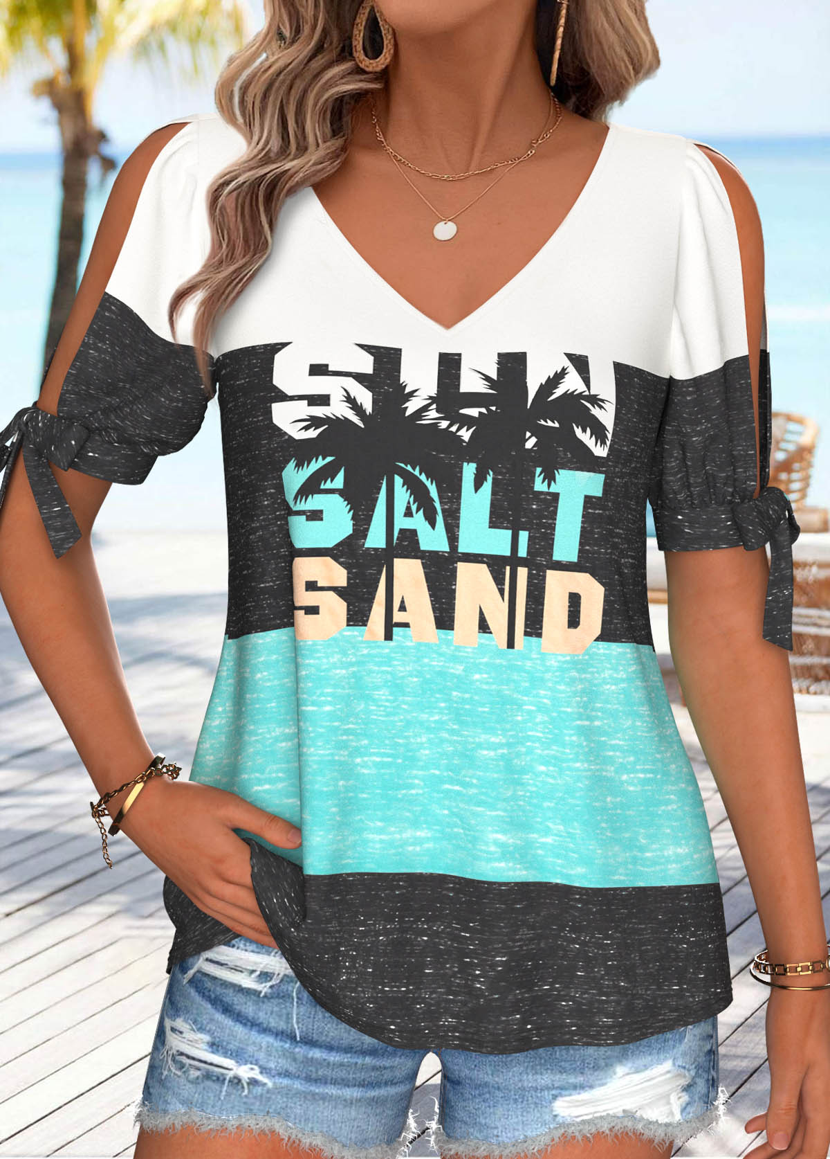 Multi Color Tie Short Sleeve V Neck T Shirt | picture 