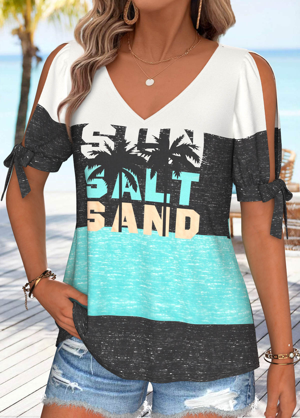 Multi Color Tie Short Sleeve V Neck T Shirt | picture 