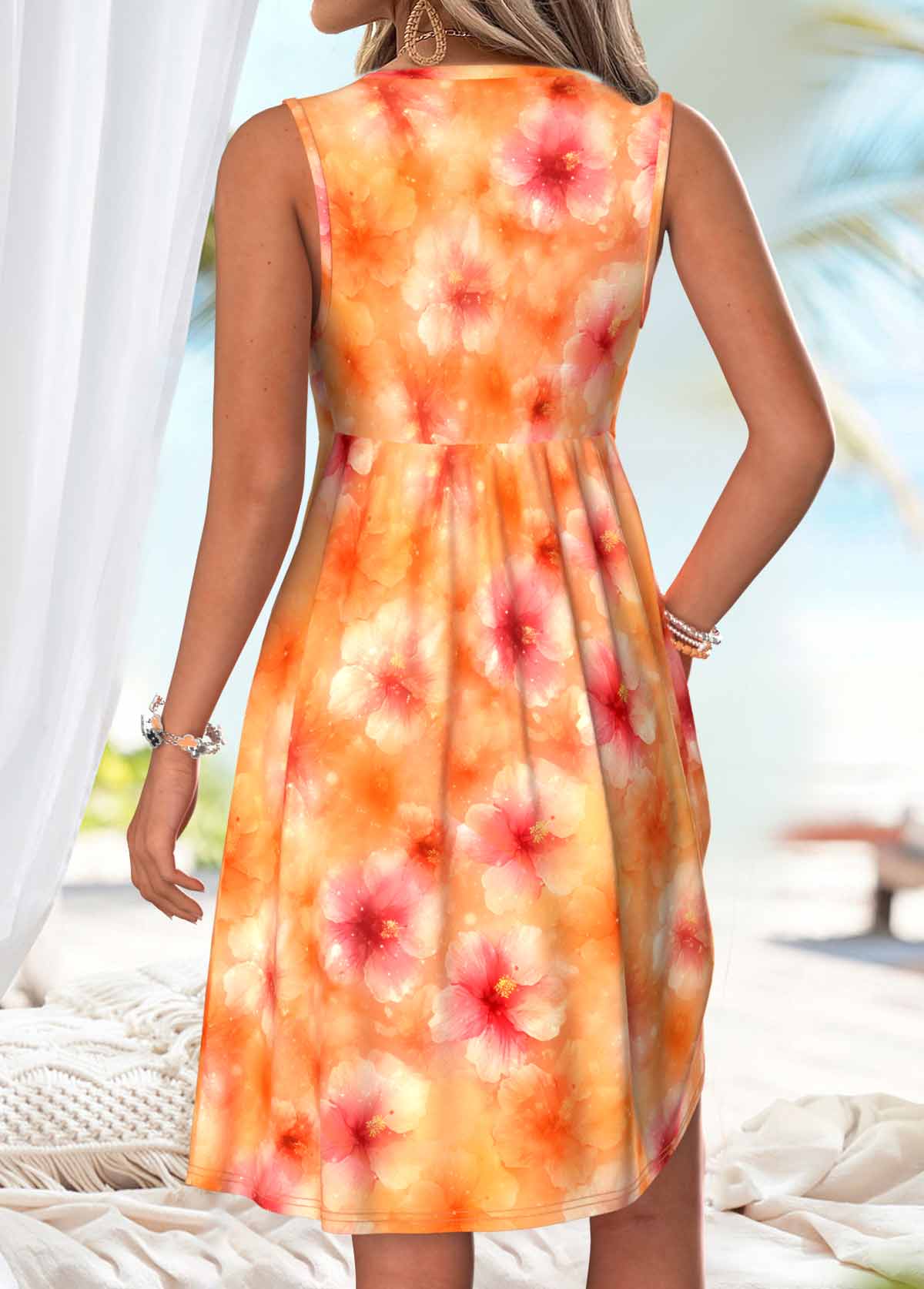 Orange Floral Print Short Shirred Sleeveless V Neck Dress | picture 