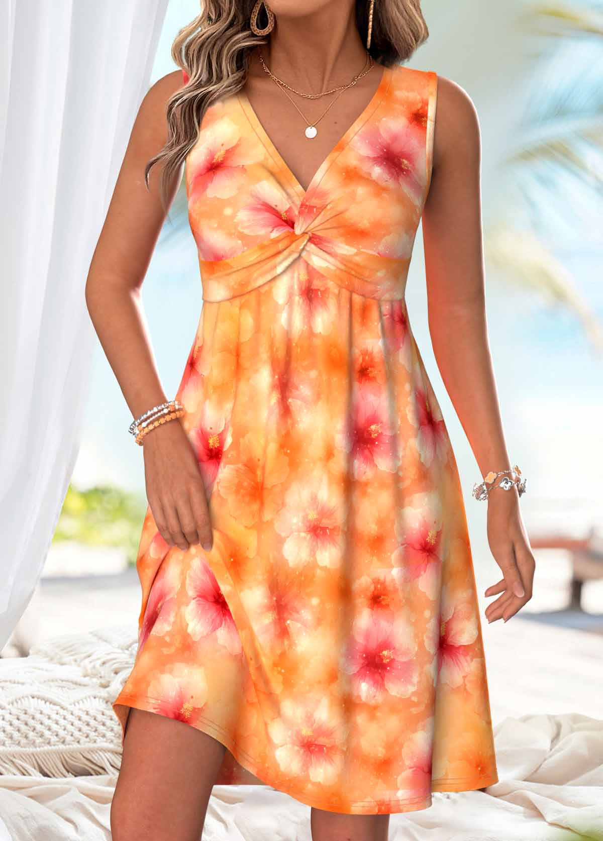 Orange Floral Print Short Shirred Sleeveless V Neck Dress | picture 