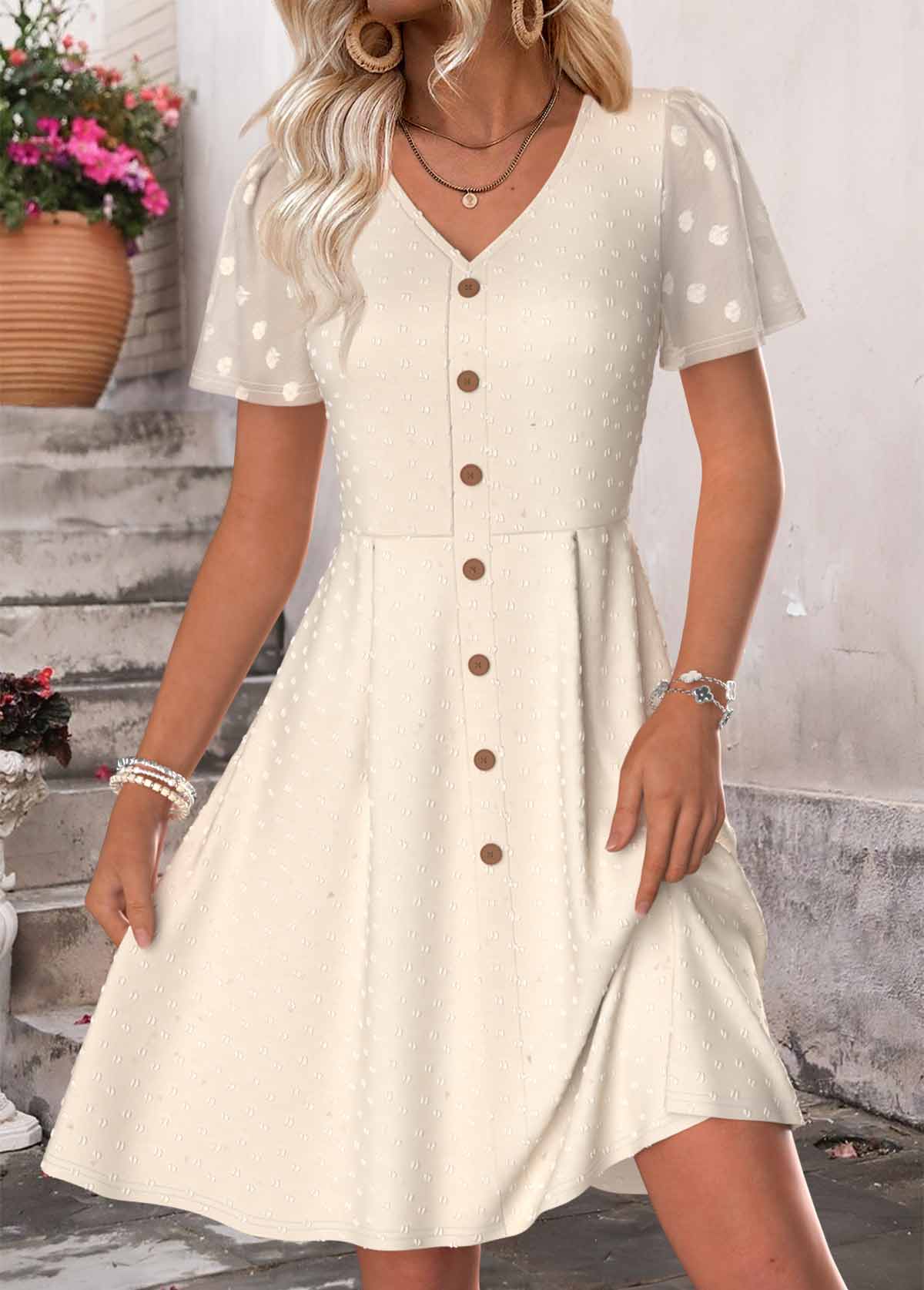 Beige Shirred Short Sleeve V Neck Dress | picture 