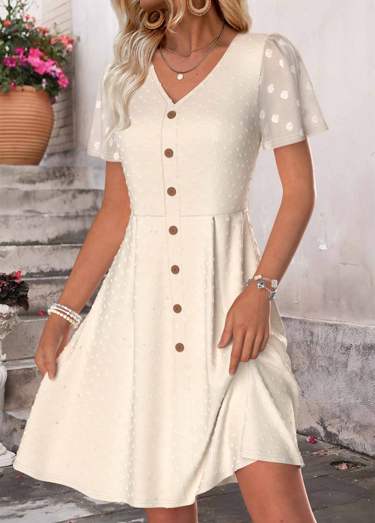Beige Shirred Short Sleeve V Neck Dress | picture 