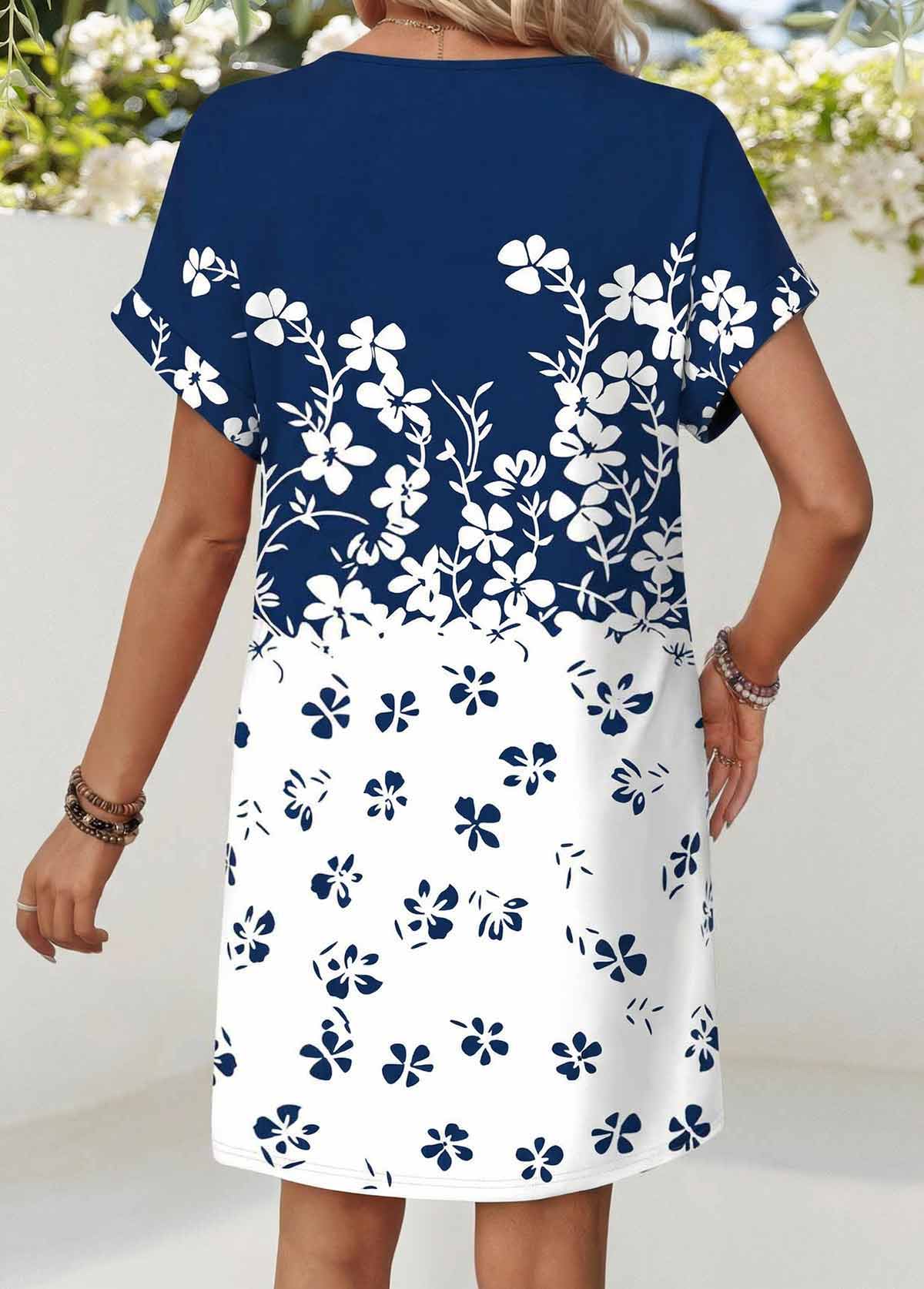 Blue Floral Print Short Tummy Coverage V Neck Dress | picture 
