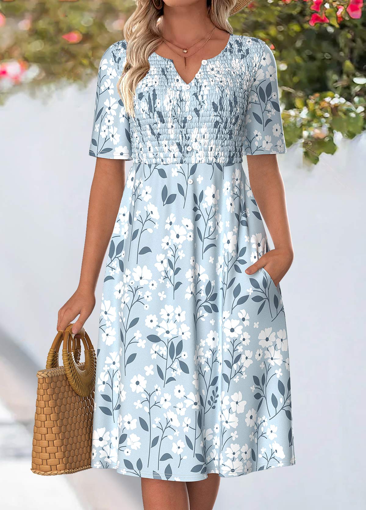 Blue Floral Print Smocked Short Sleeve Split Neck Dress | picture 